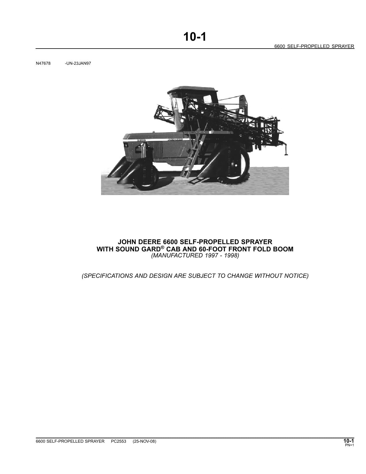 JOHN DEERE 6600 SELF-PROPELLED SPRAYER PARTS CATALOG MANUAL