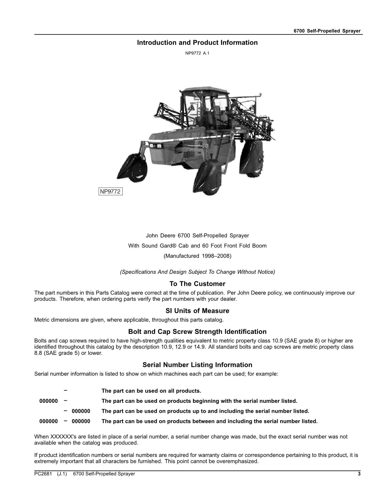 JOHN DEERE 6700 SELF-PROPELLED SPRAYER PARTS CATALOG MANUAL