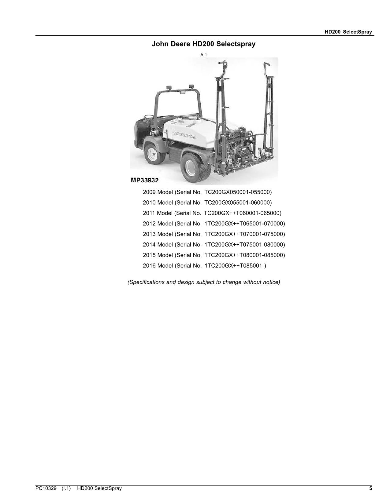 JOHN DEERE HD20 SPRAYER PARTS CATALOG MANUAL