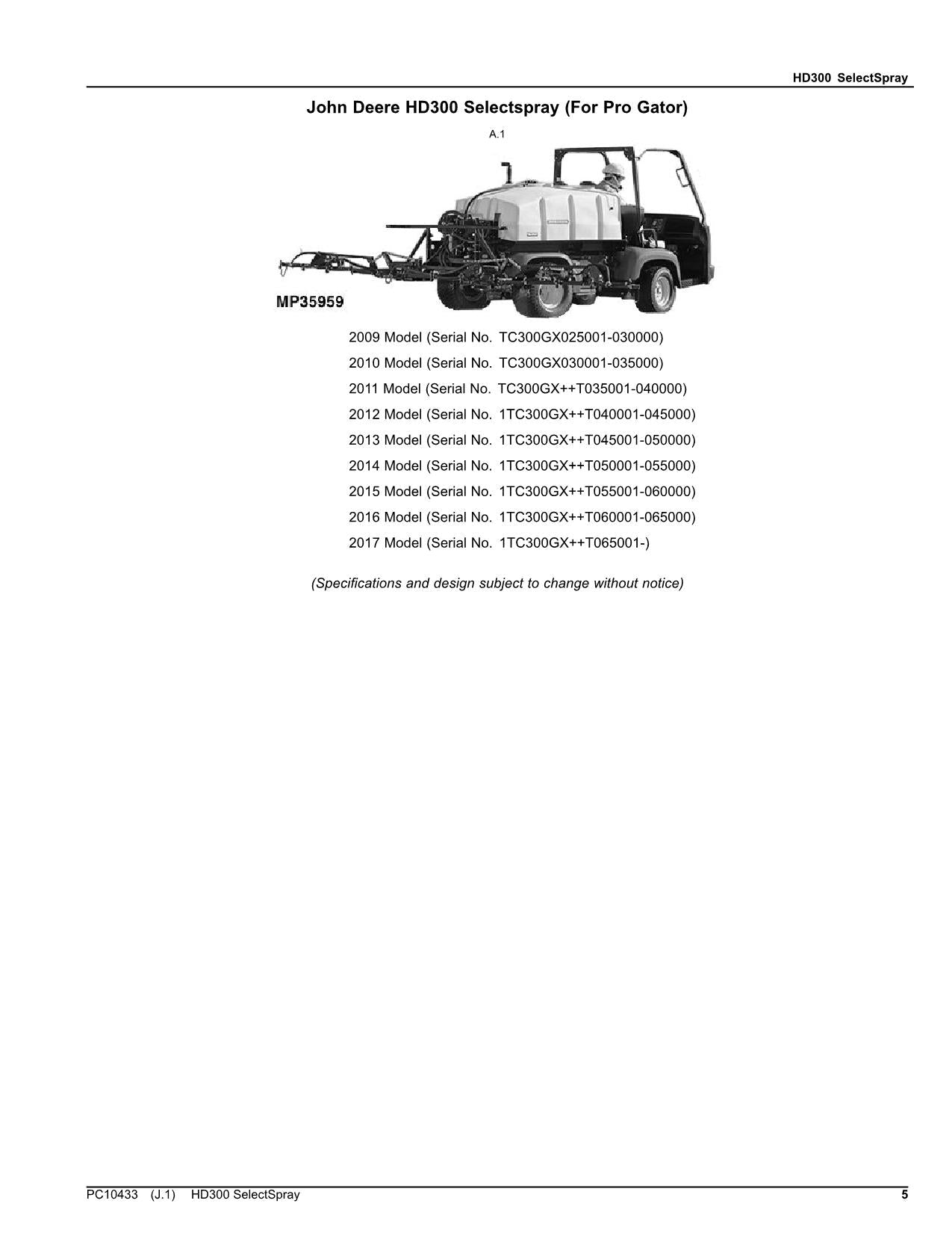 JOHN DEERE HD300 SELECTSPRAY SPRAYER PARTS CATALOG MANUAL