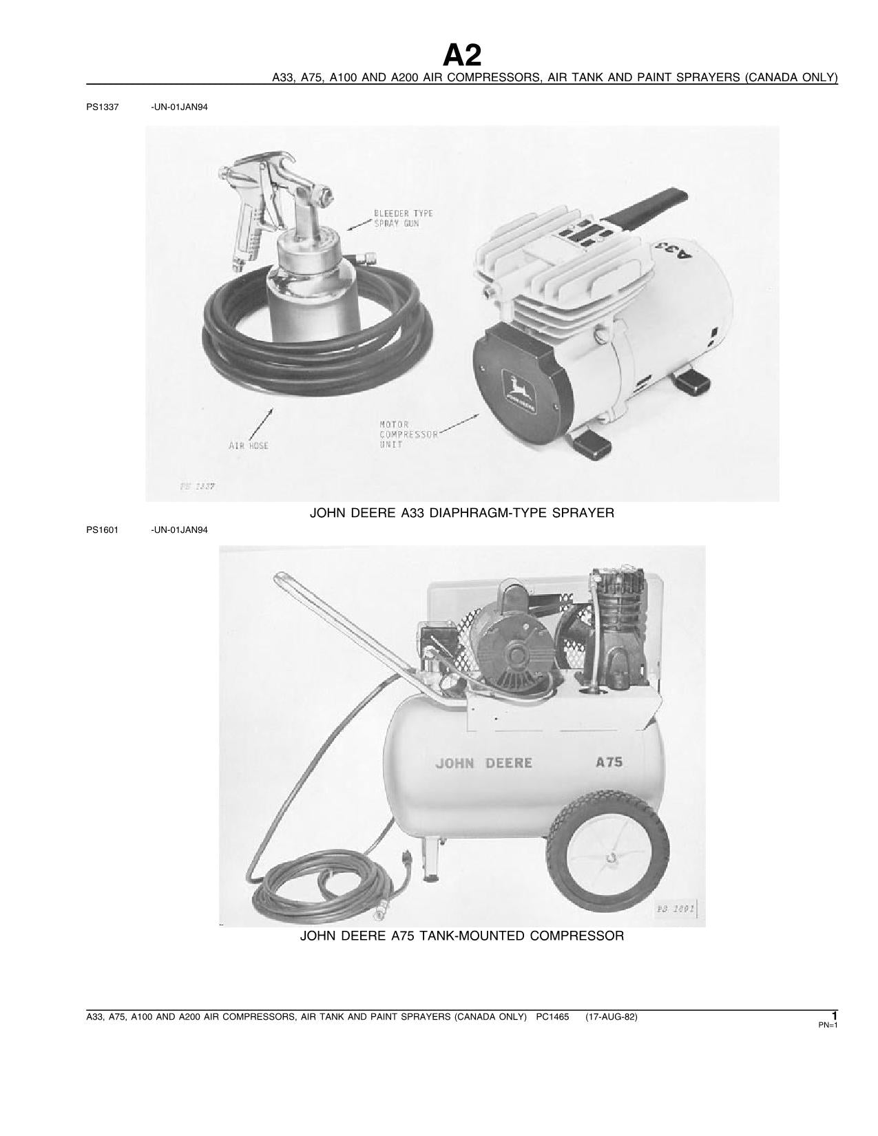 JOHN DEERE A100 A200 A33 A75 SPRAYER CANADIAN EDITION PARTS CATALOG MANUAL