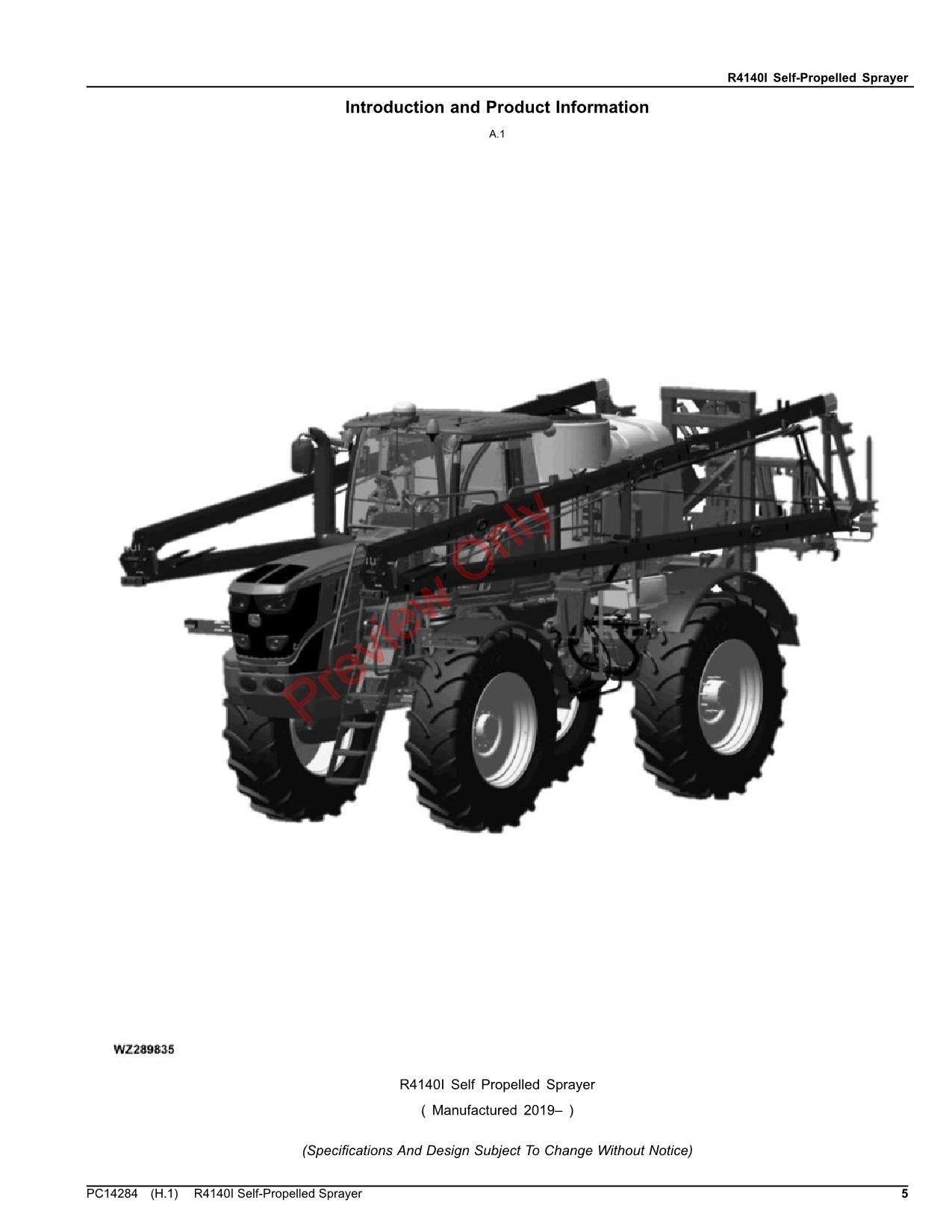 JOHN DEERE R4140I SPRAYER PARTS CATALOG MANUAL PC14284