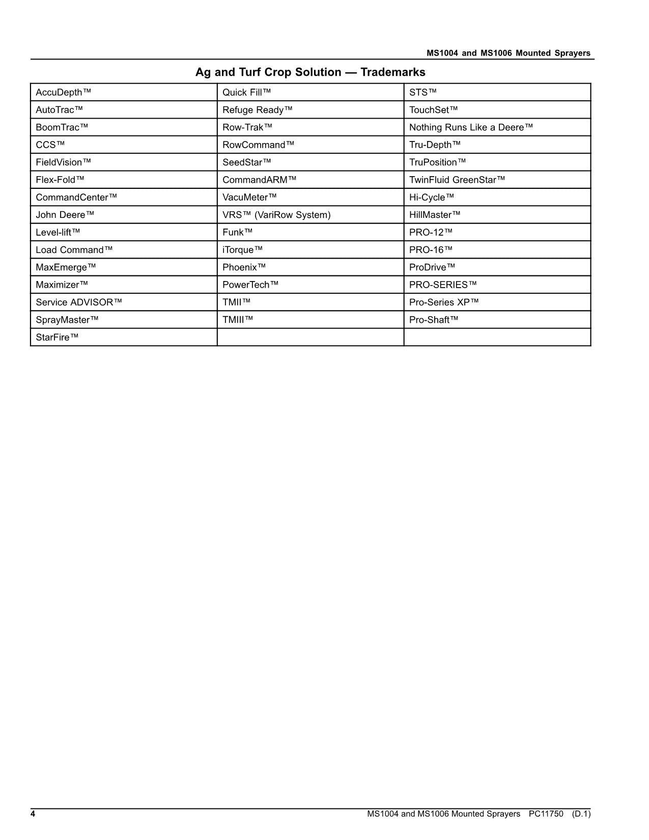 JOHN DEERE MS1004  MS1006 SPRAYER PARTS CATALOG MANUAL PC11750