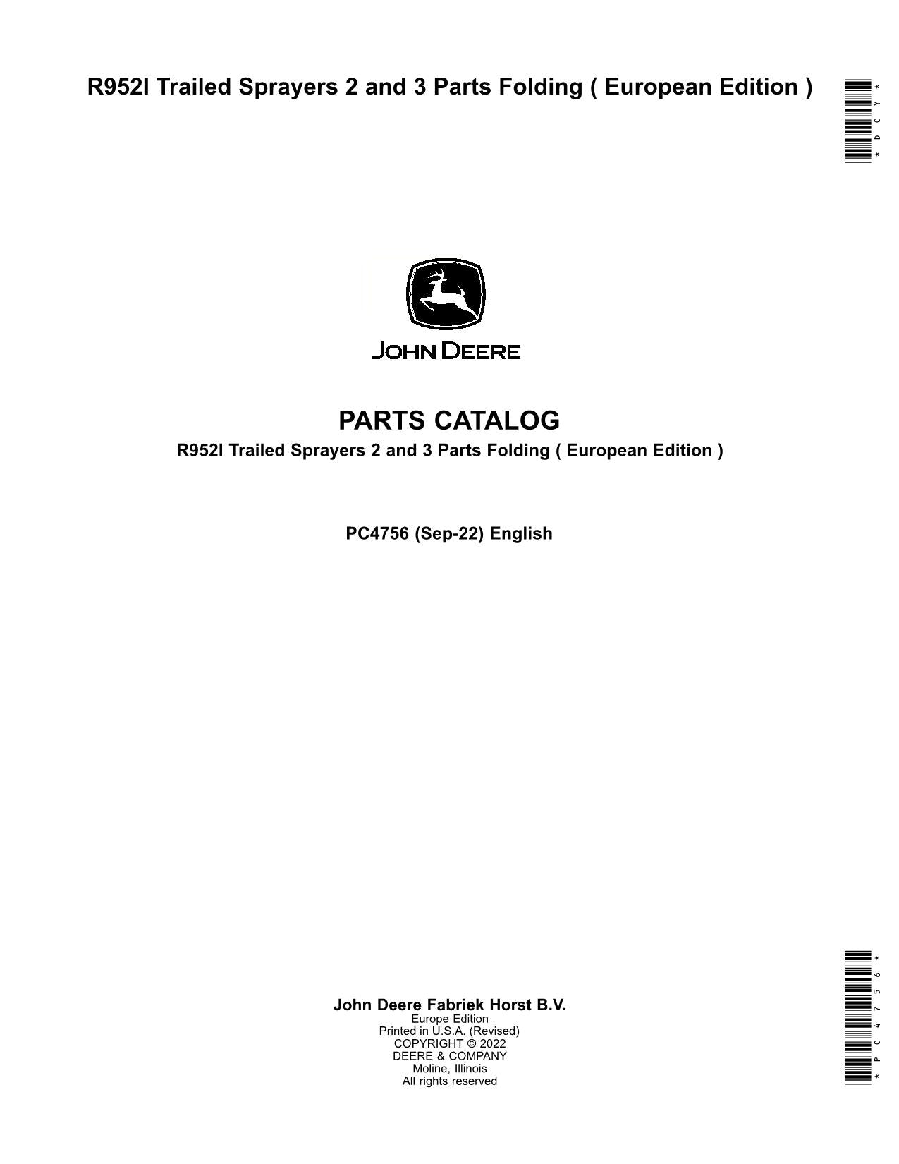 JOHN DEERE R952I SPRAYER PARTS CATALOG MANUAL PC4756