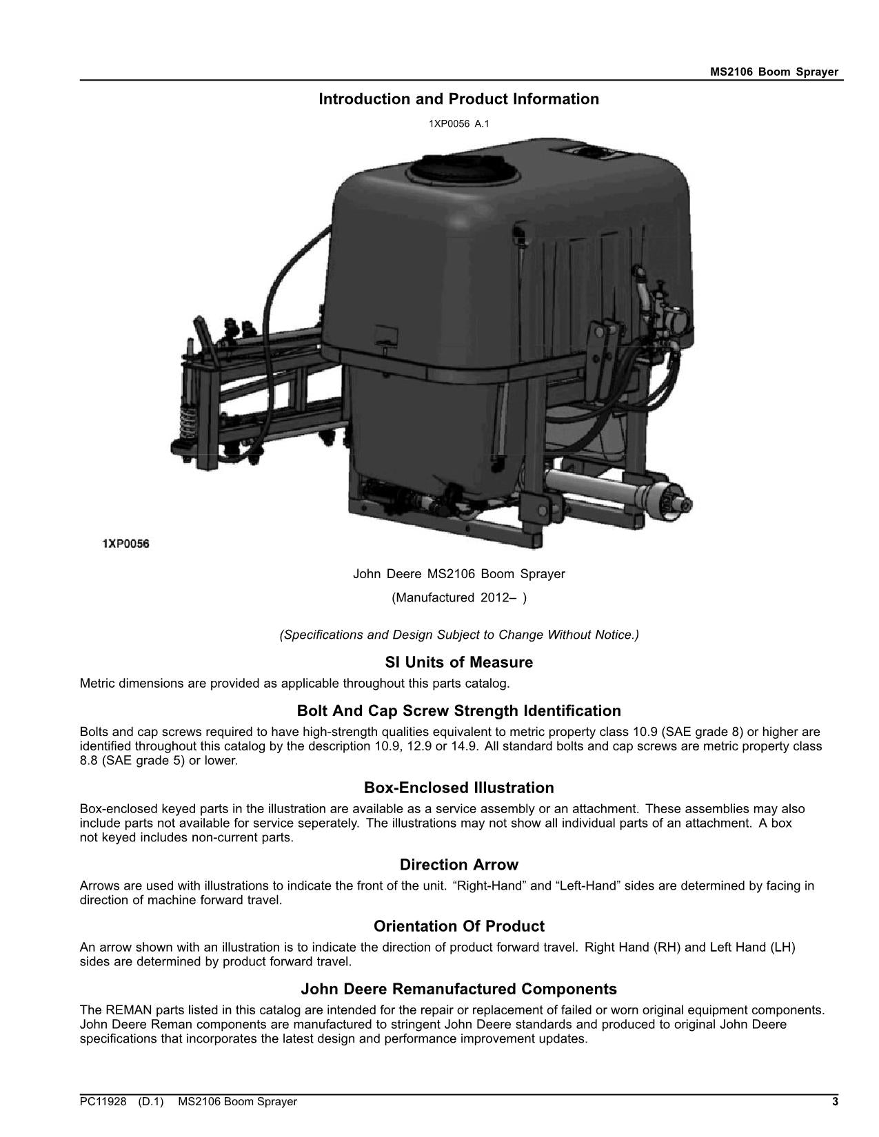 JOHN DEERE MS2106 SPRAYER PARTS CATALOG MANUAL PC11928