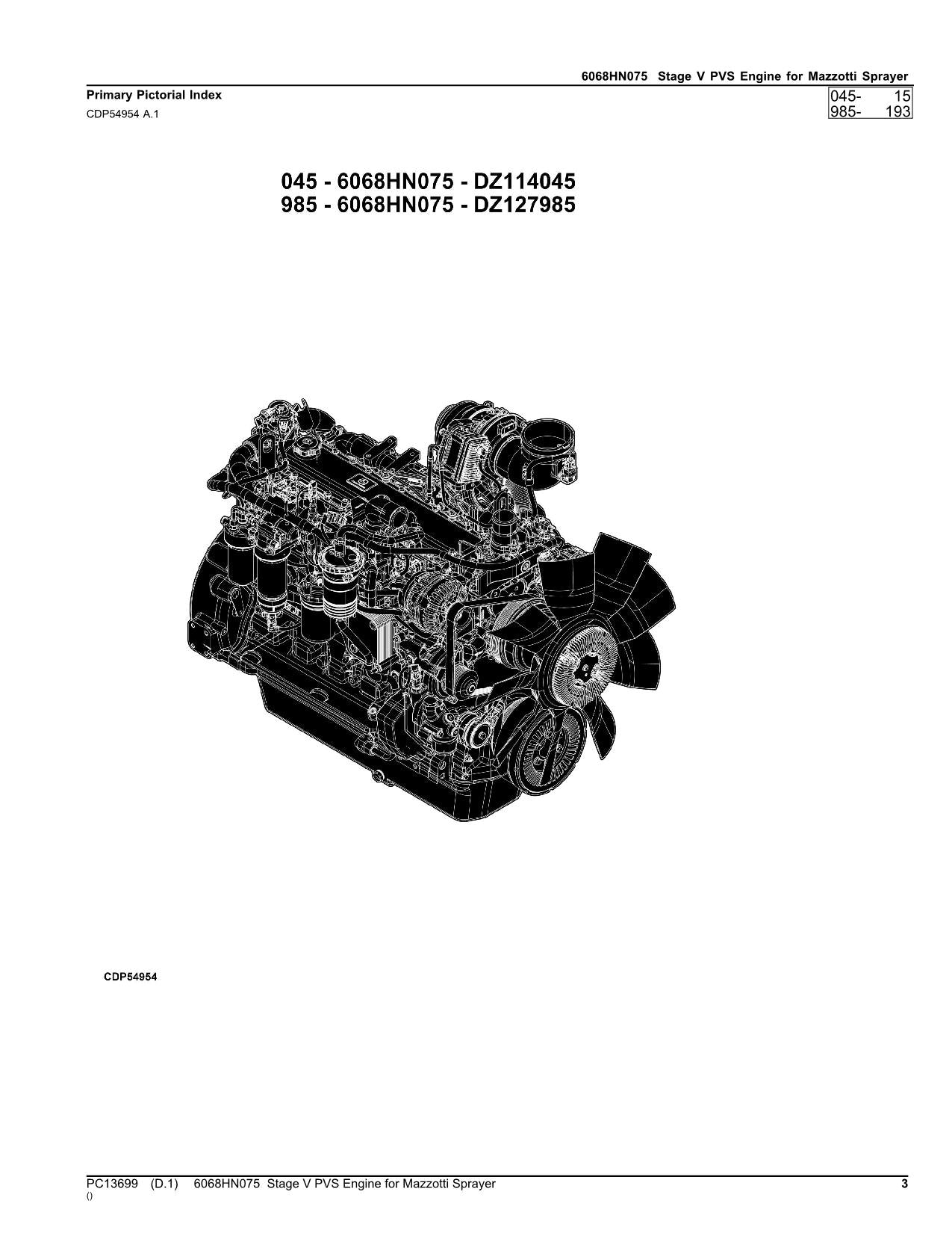 JOHN DEERE  6068 HN075 6068HN075 SPRAYER PARTS CATALOG MANUAL PC13699