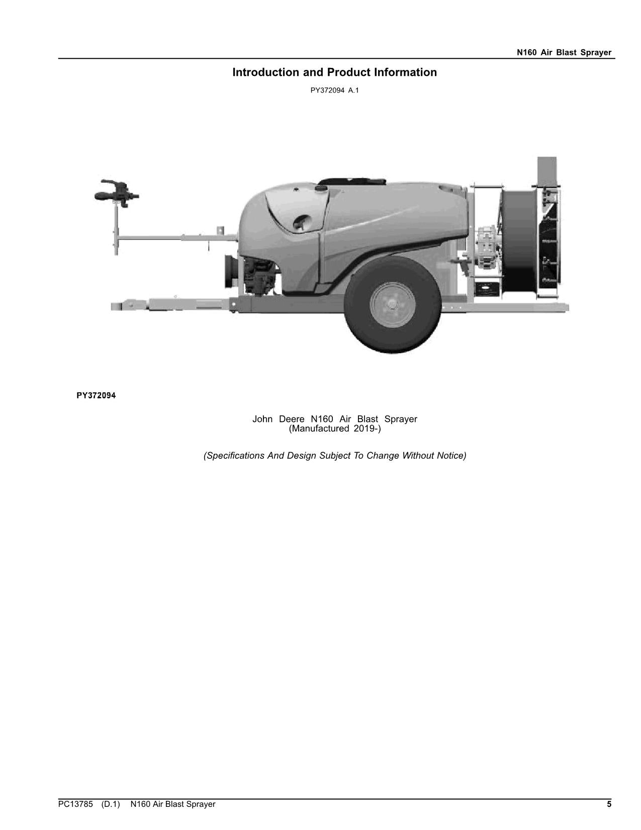 JOHN DEERE N160 SPRAYER PARTS CATALOG MANUAL PC13785