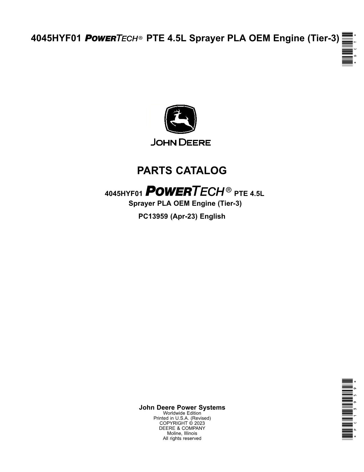 JOHN DEERE 4045 HYF01 4045HYF01 SPRAYER PARTS CATALOG MANUAL PC13959