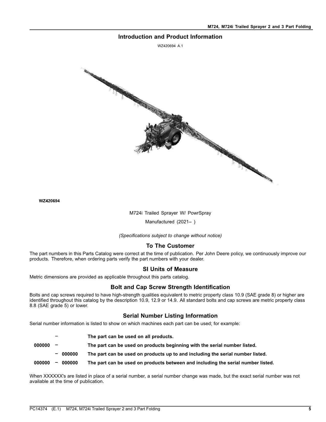 JOHN DEERE M724 M724i SPRÜHGERÄT-TEILEKATALOGHANDBUCH PC14374