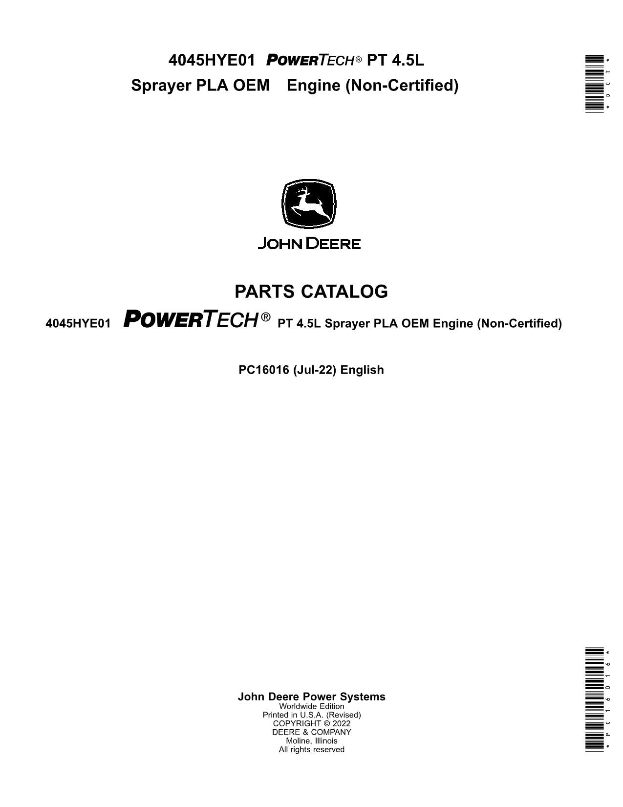 JOHN DEERE 4045 HYE01 4045HYE01 SPRAYER PARTS CATALOG MANUAL PC16016