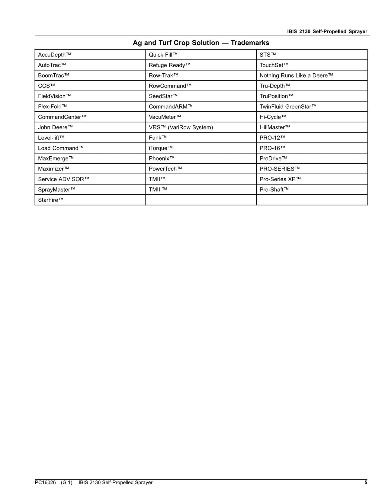 JOHN DEERE IBIS 2130 SPRAYER PARTS CATALOG MANUAL PC16026