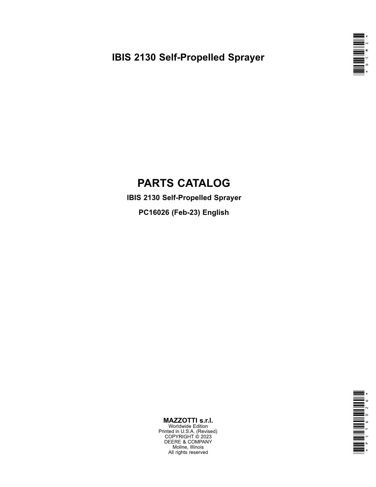 JOHN DEERE IBIS 2130 SPRAYER PARTS CATALOG MANUAL PC16026