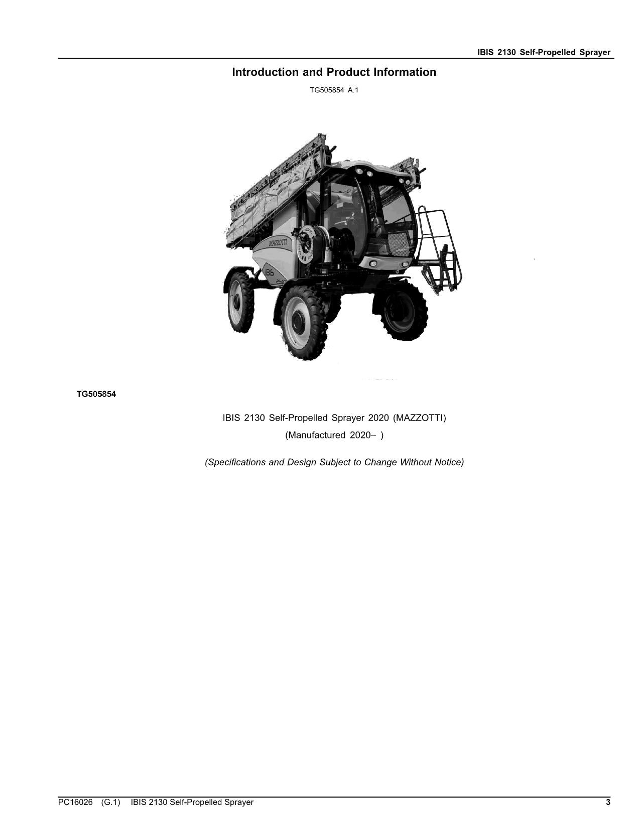 JOHN DEERE IBIS 2130 SPRAYER PARTS CATALOG MANUAL PC16026