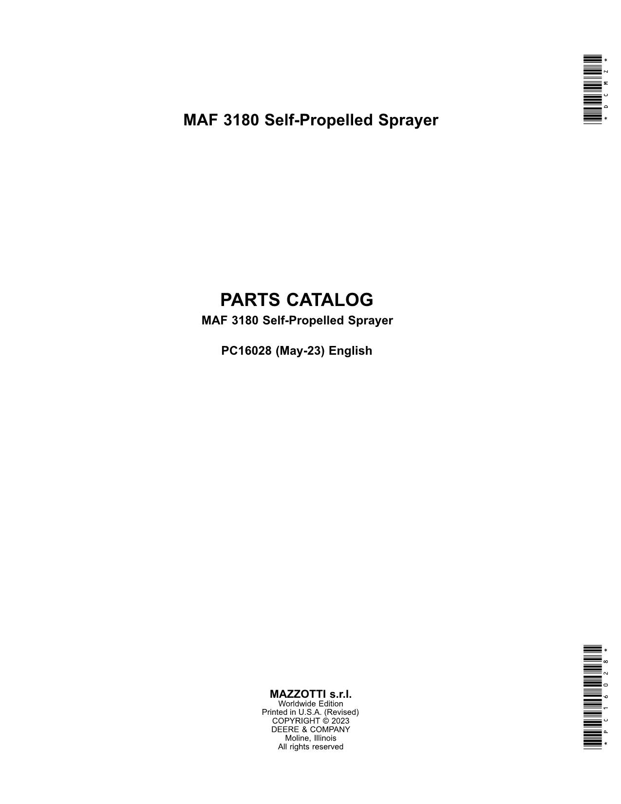 JOHN DEERE MAF 3180 SPRAYER PARTS CATALOG MANUAL PC16028