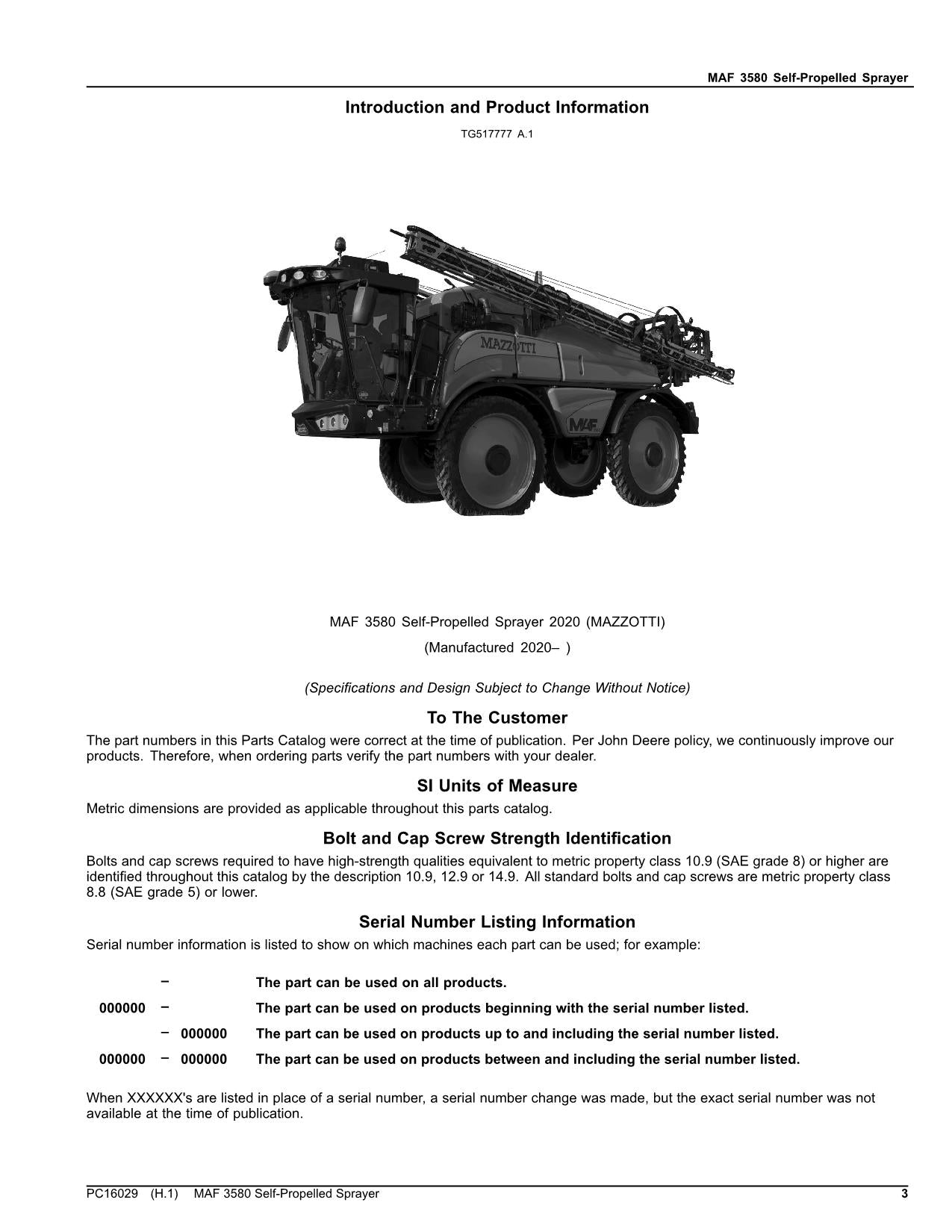 JOHN DEERE MAF 3580 SPRAYER-TEILEKATALOGHANDBUCH PC16029