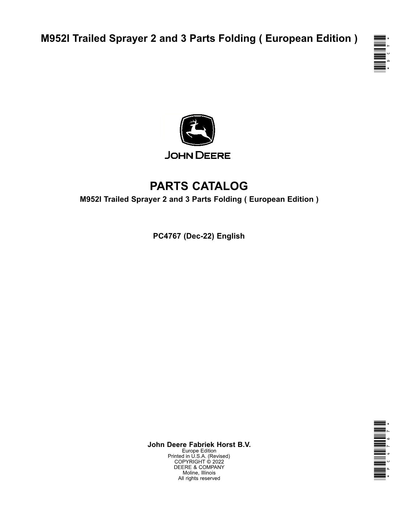 JOHN DEERE M952I SPRAYER PARTS CATALOG MANUAL PC4767