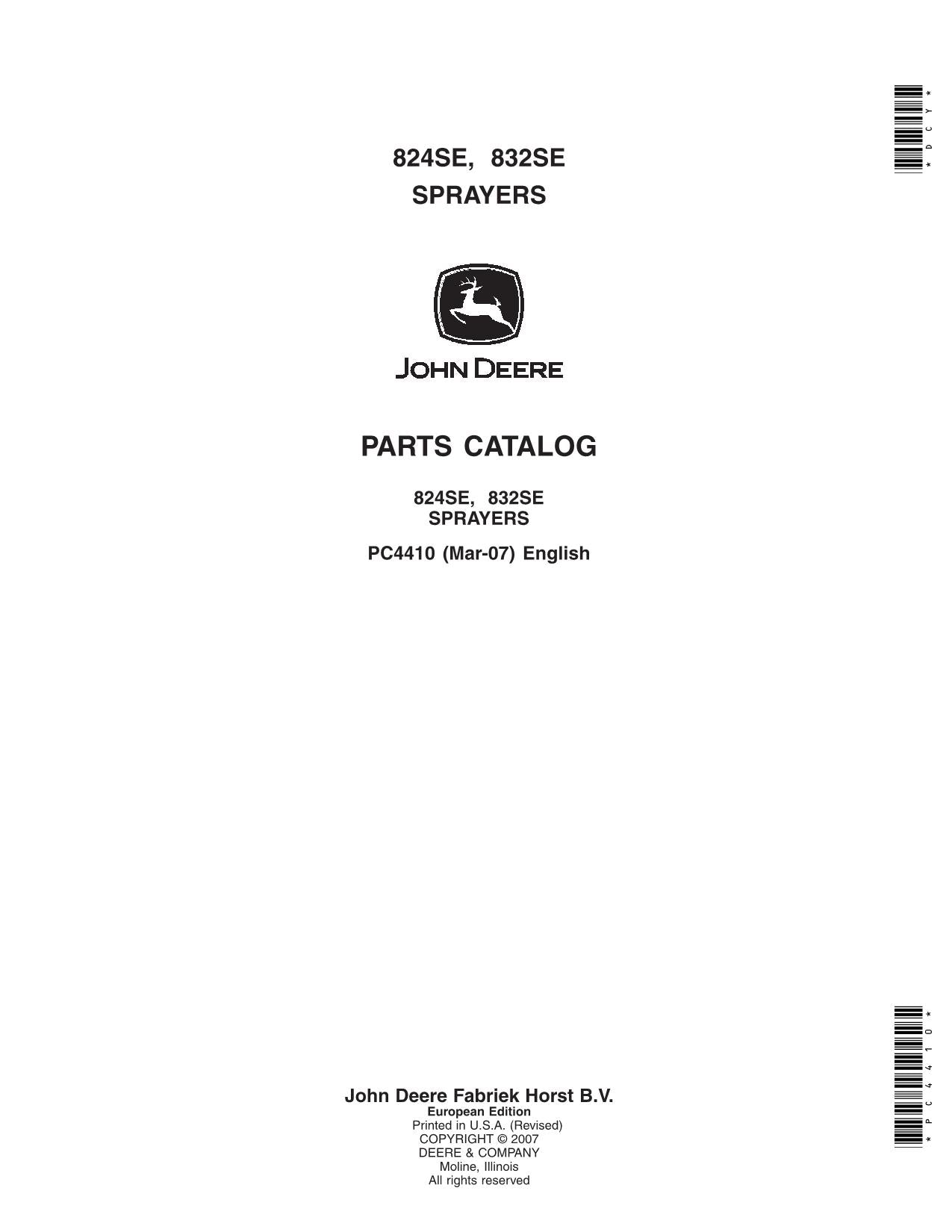 JOHN DEERE 824SE  832SE SPRAYER PARTS CATALOG MANUAL PC4410