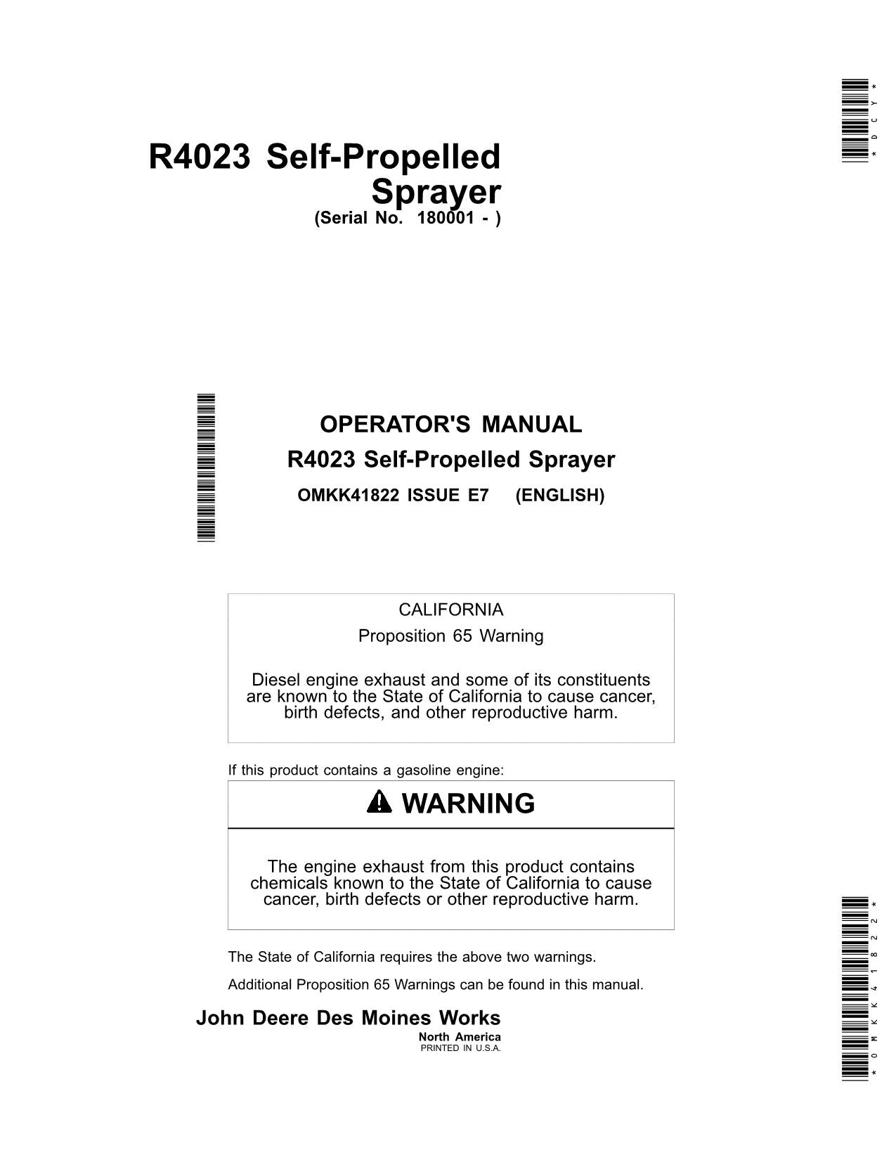 JOHN DEERE R4023 SPRAYER OPERATORS MANUAL serial 180001