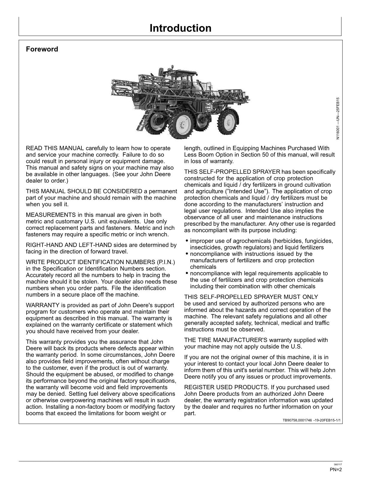 JOHN DEERE R4023 SPRAYER OPERATORS MANUAL serial 180001