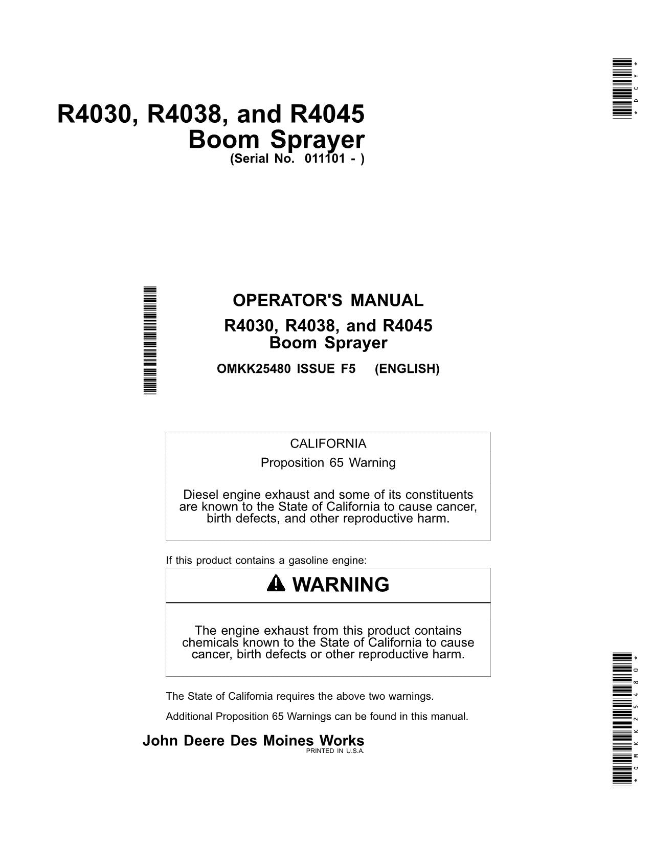 JOHN DEERE R4030 R4038 R4045 SPRAYER OPERATORS MANUAL ser 011101-