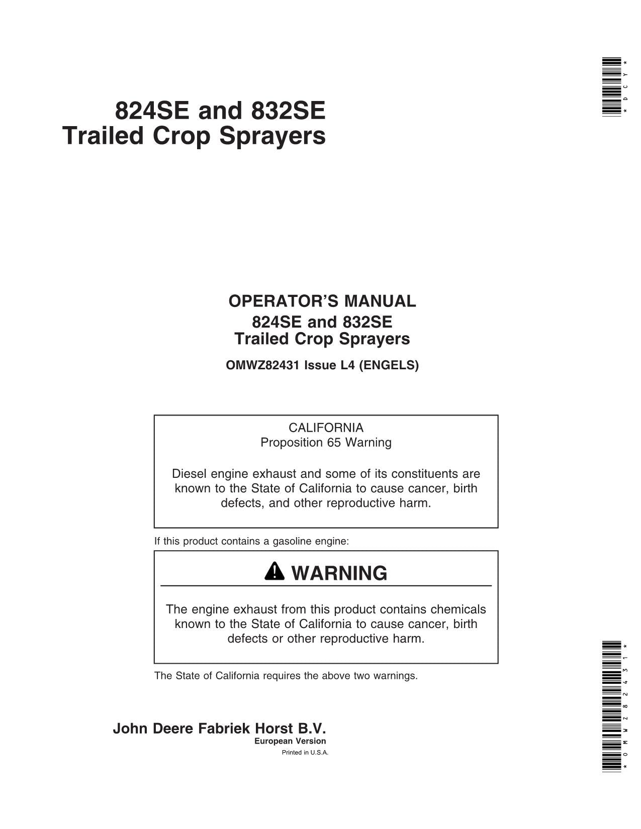 JOHN DEERE 824SE  832SE SPRAYER OPERATORS MANUAL