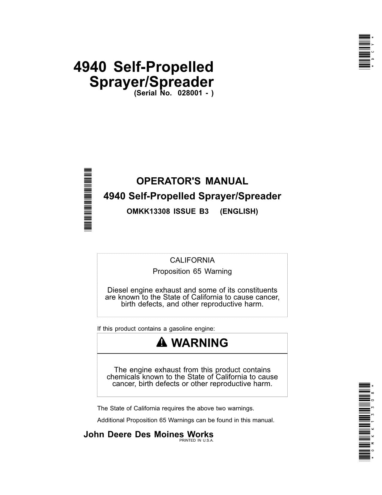 JOHN DEERE 4940 SPRAYER OPERATORS MANUAL #2