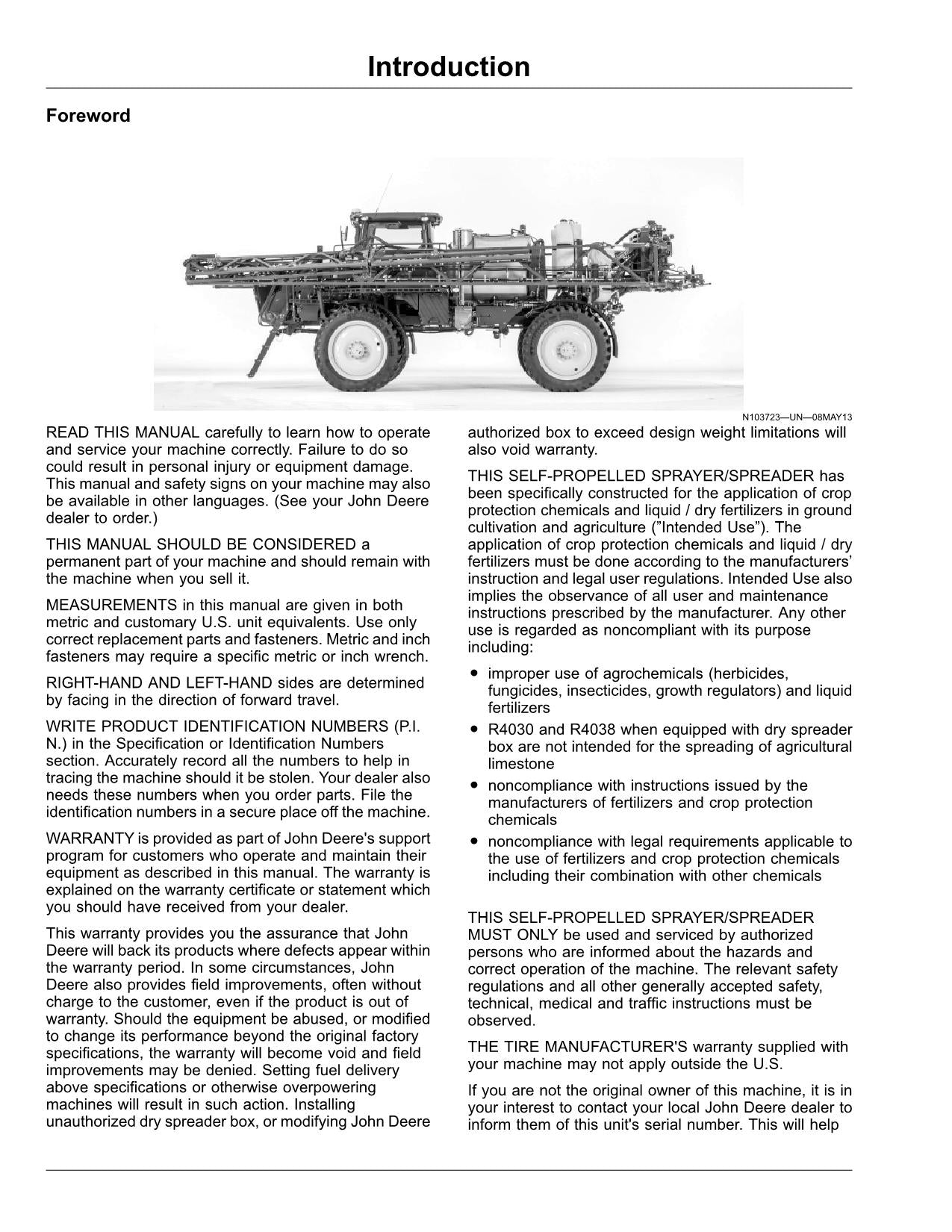 MANUEL D'UTILISATION DU PULVÉRISATEUR JOHN DEERE R4030 R4045 R4038