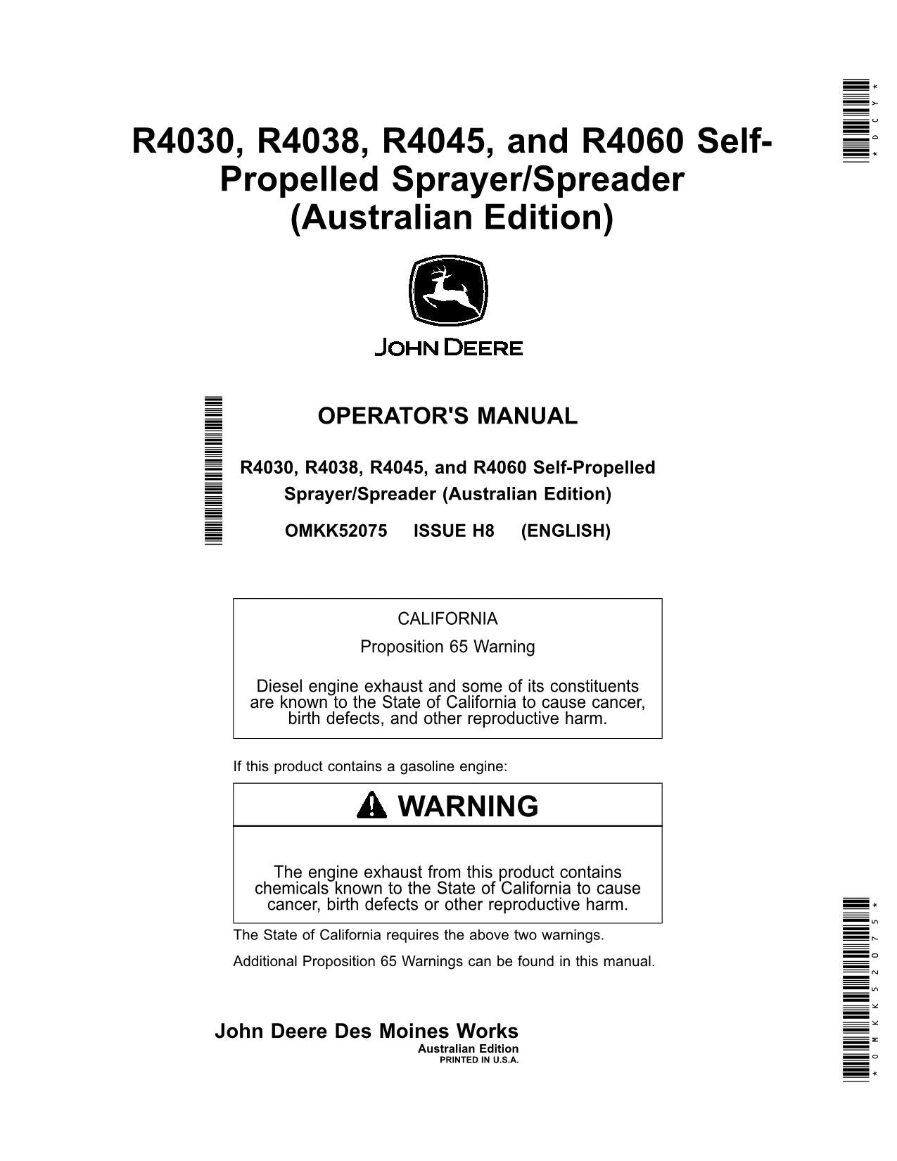 JOHN DEERE R4030  R4060  R4045  R4038 SPRAYER OPERATORS MANUAL