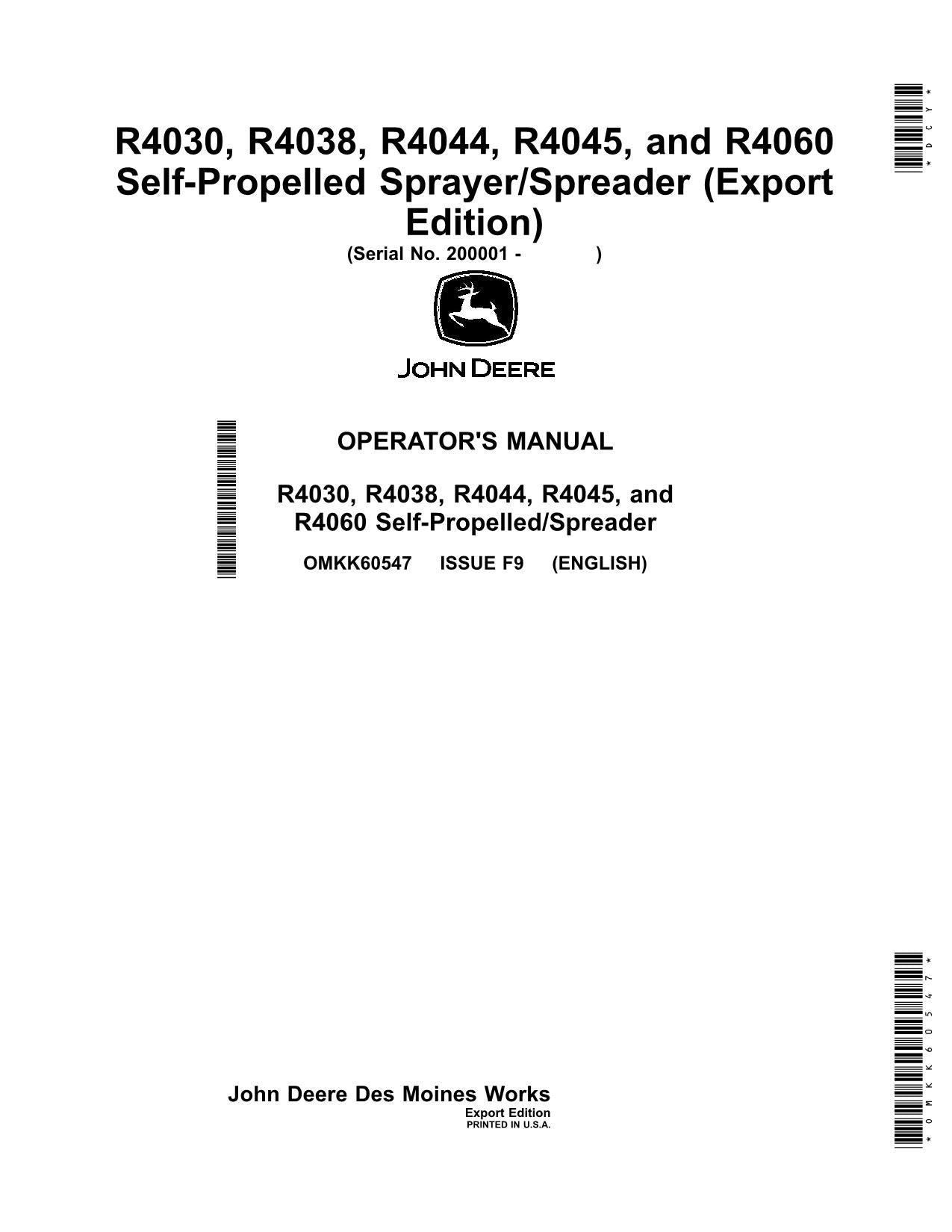 JOHN DEERE R4030  R4038  R4044  R4045  R4060 SPRAYER OPERATORS MANUAL #1