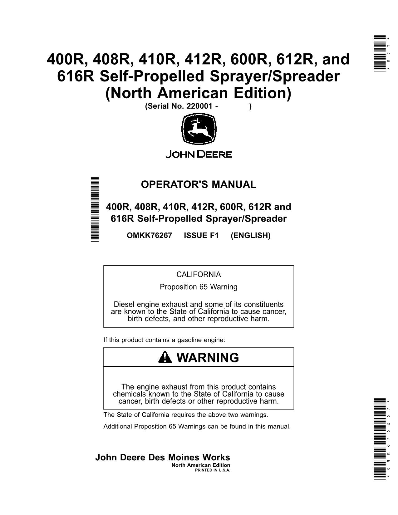 JOHN DEERE  400R  408R  410R  412R  600R  612R  616R SPRAYER OPERATORS MANUAL