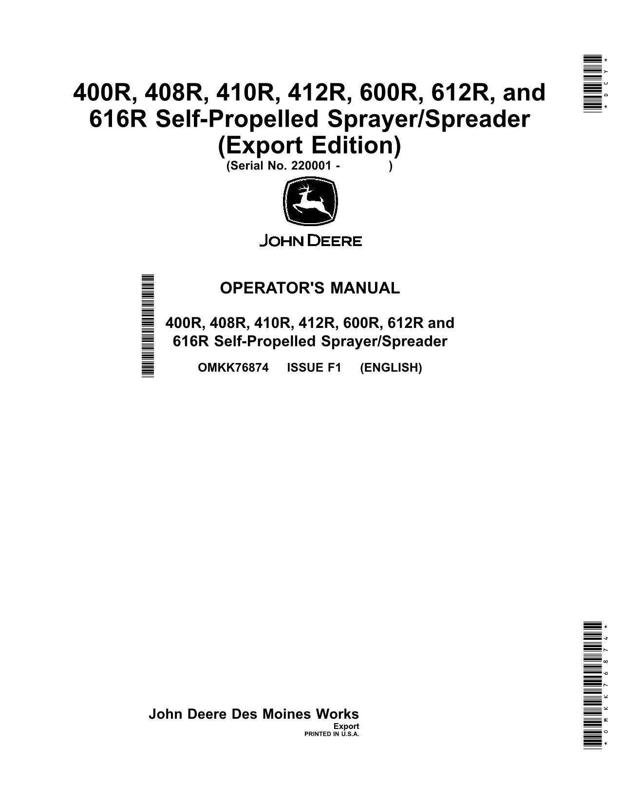 MANUEL D'UTILISATION DU PULVÉRISATEUR JOHN DEERE 400R 408R 410R 412R 600R 612R 616R #1