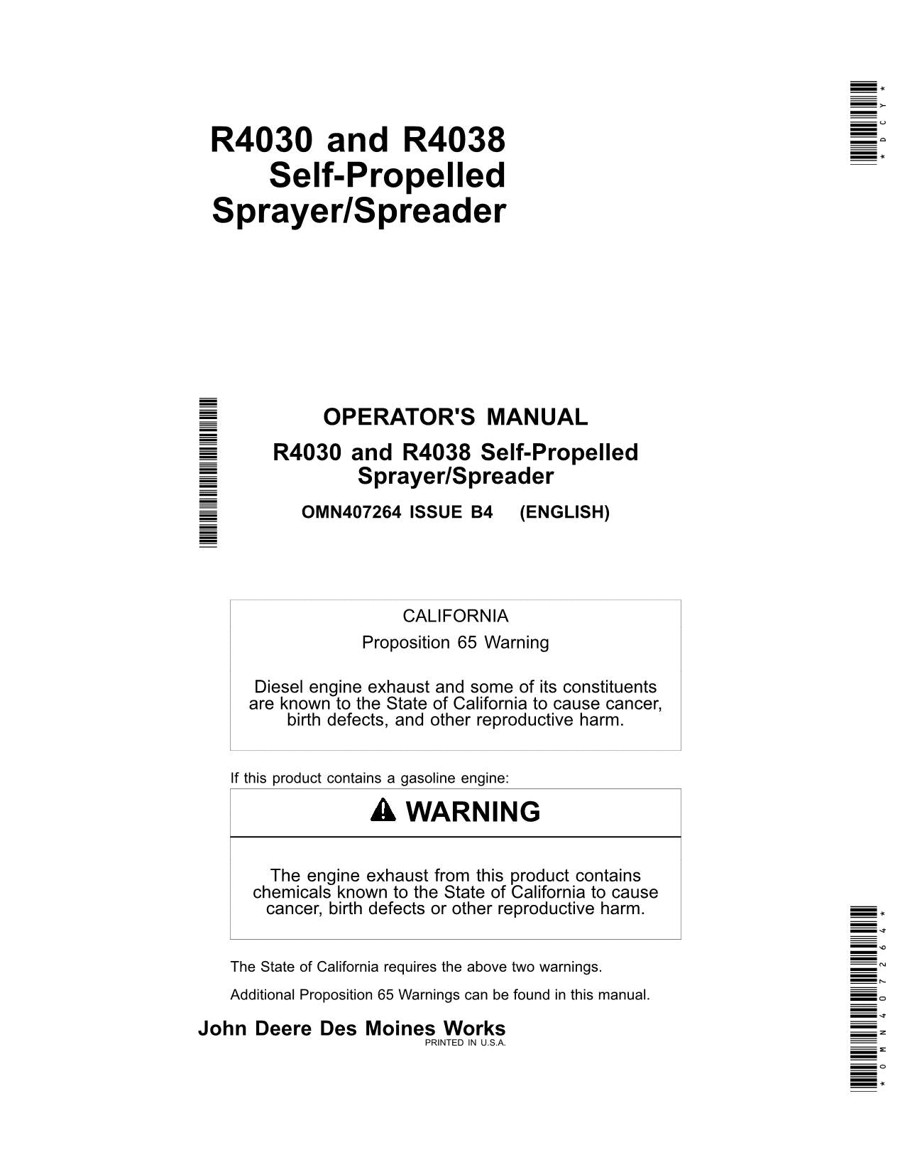 JOHN DEERE R4038 R4030 SPRAYER OPERATORS MANUAL