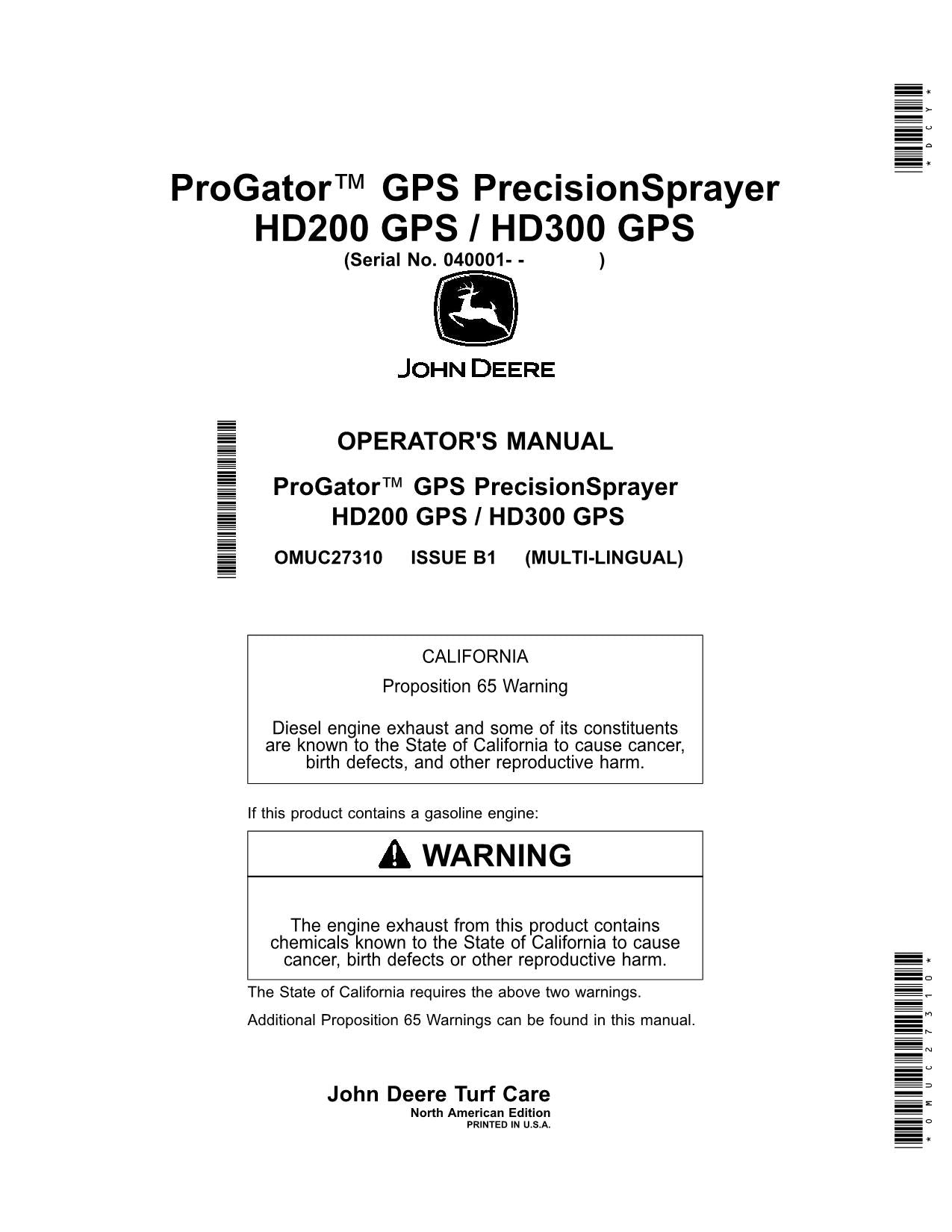 JOHN DEERE HD300 GPS  HD200 GPS SPRAYER OPERATORS MANUAL