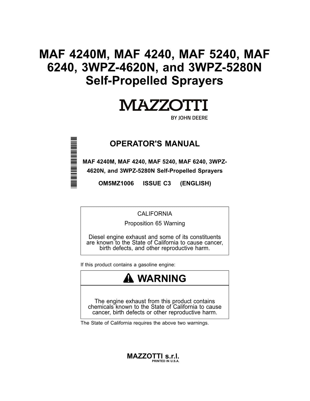 JOHN DEERE MAF 4240M 4240 5240 6240 3WPZ-4620N   SPRAYER OPERATORS MANUAL