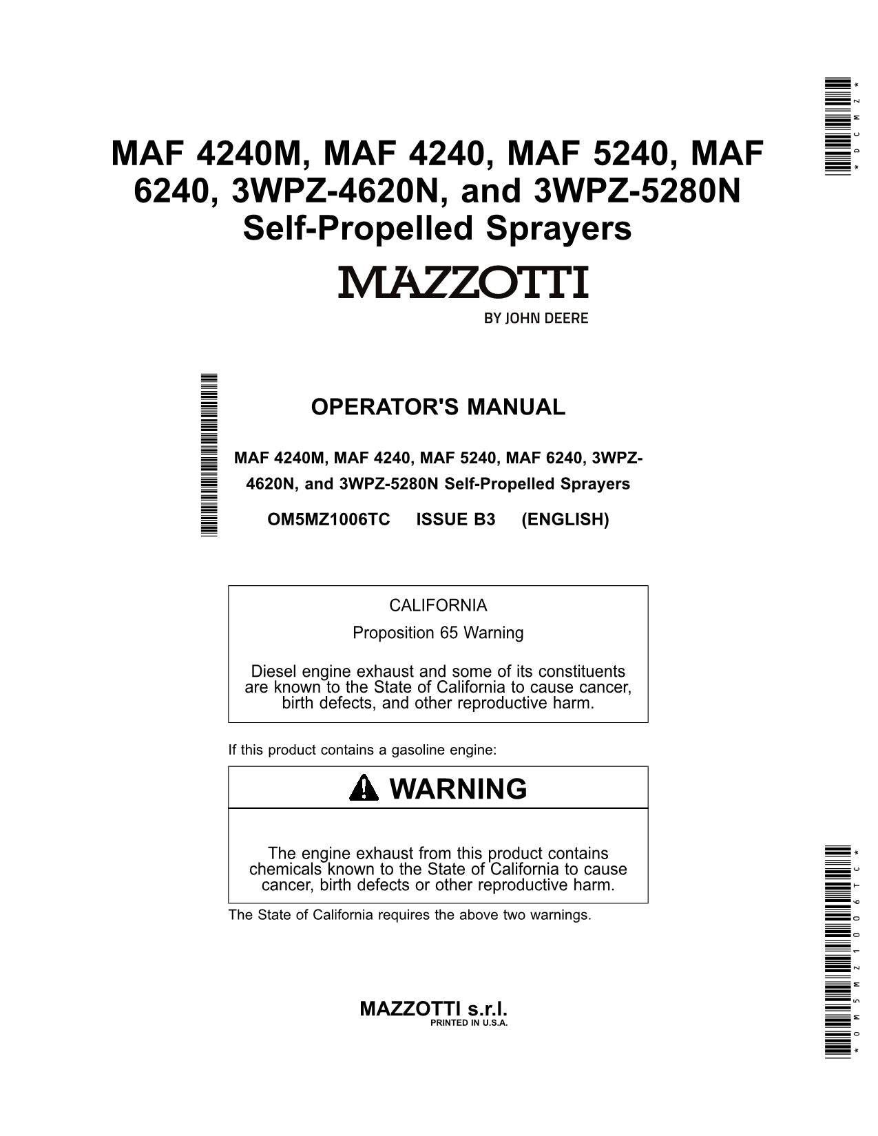 MANUEL D'UTILISATION DU PULVÉRISATEUR JOHN DEERE MAF 4240M 3WPZ-5280N MAF 4240 5240 6240