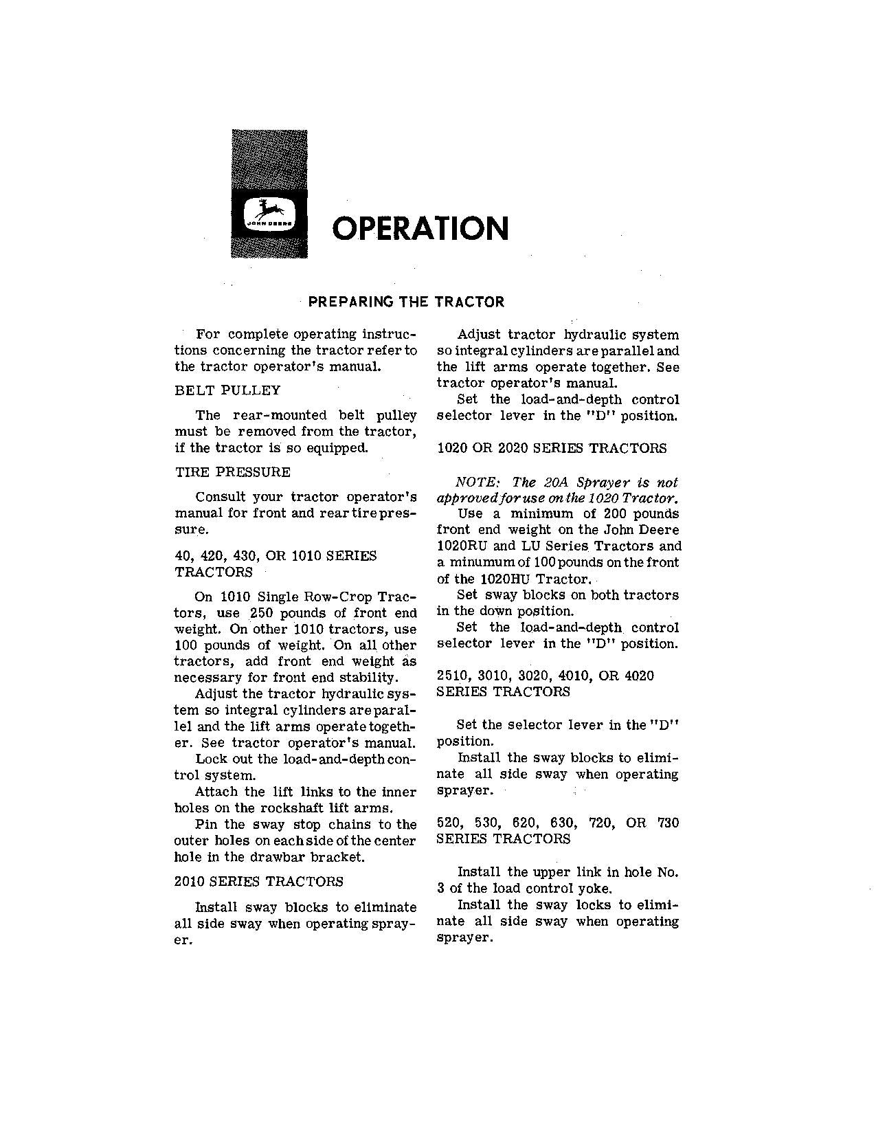 JOHN DEERE 10A 20A SPRAYER OPERATORS MANUAL