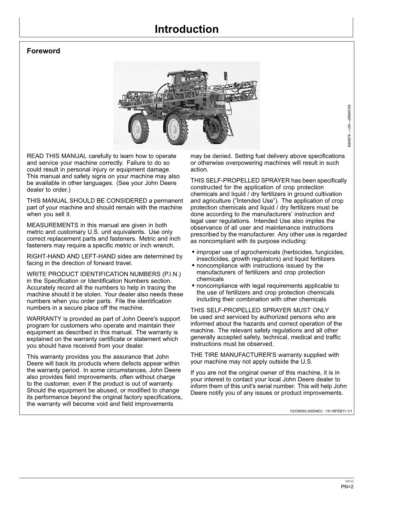 JOHN DEERE 4630 (WP-2271) SPRAYER OPERATORS MANUAL #1