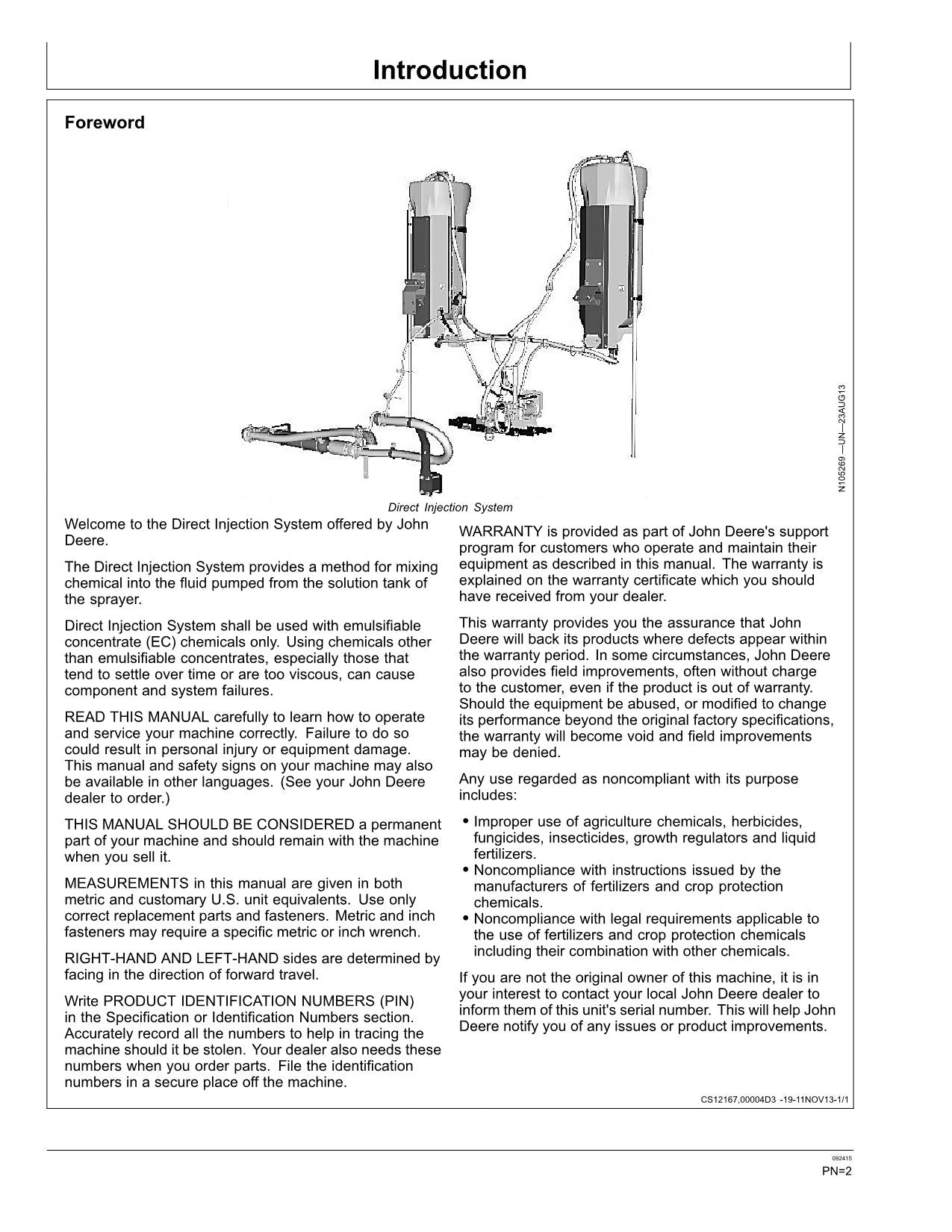 MANUEL D'UTILISATION DU PULVÉRISATEUR À IJECTION DIRECTE JOHN DEERE R4030 R4038 R4045