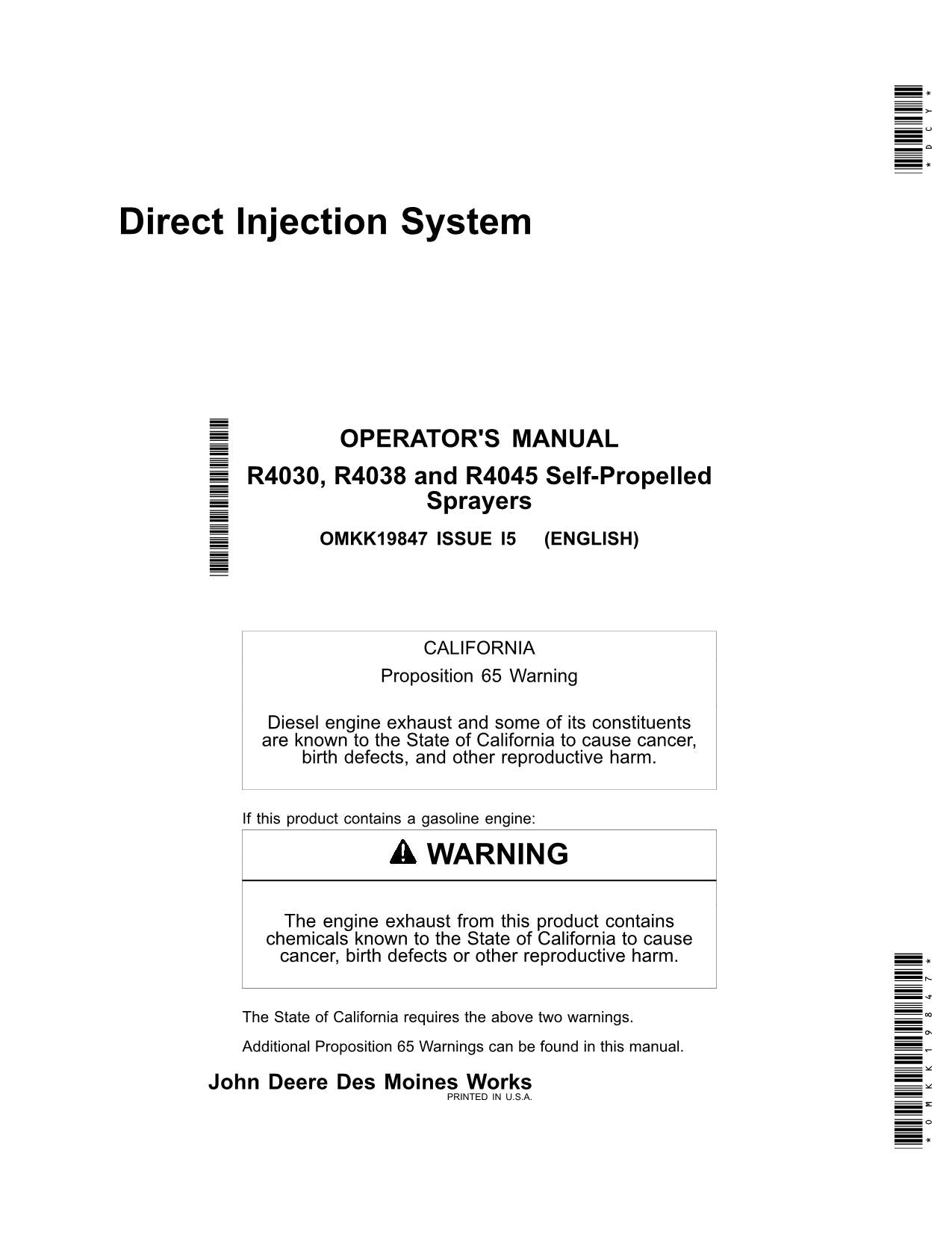 MANUEL D'UTILISATION DU PULVÉRISATEUR À IJECTION DIRECTE JOHN DEERE R4030 R4038 R4045