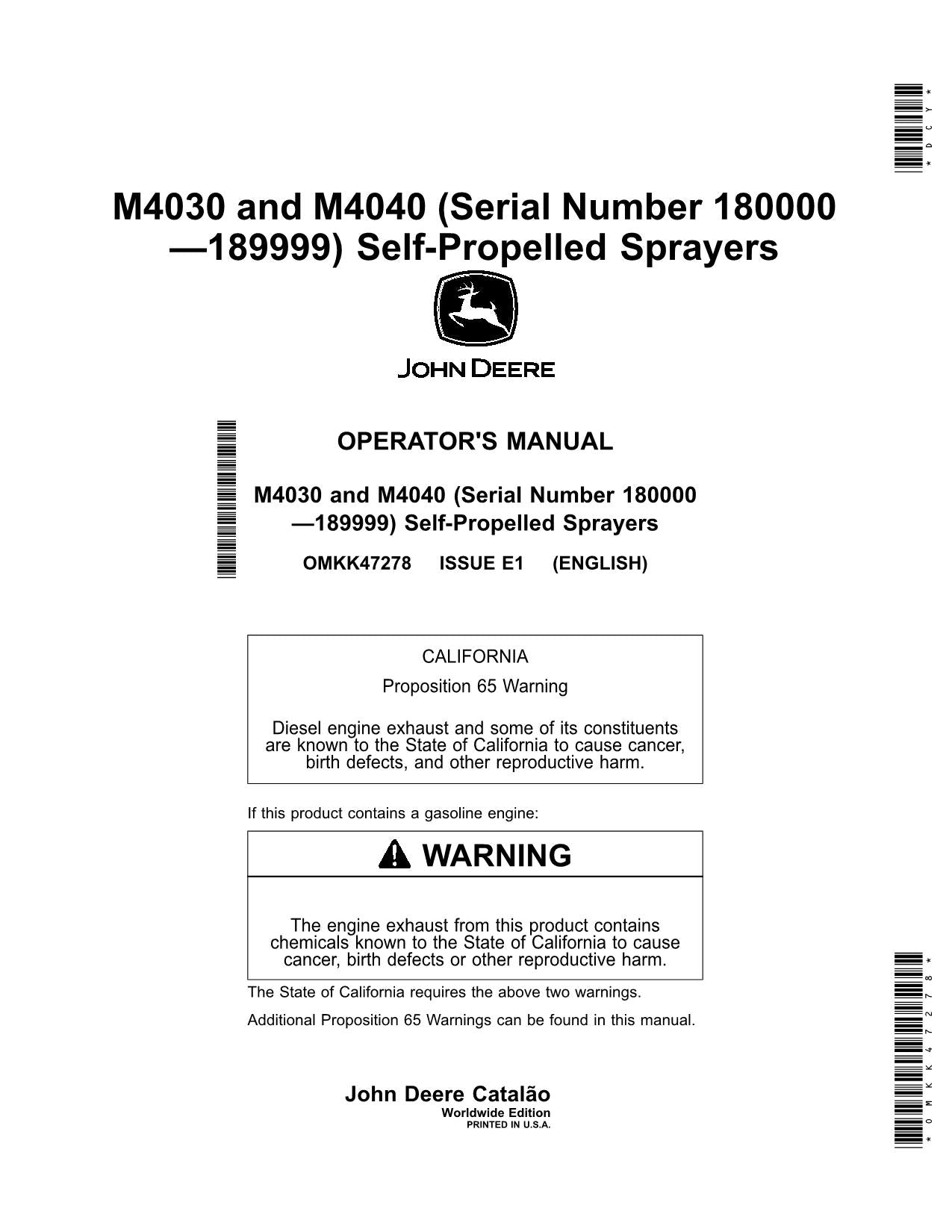 MANUEL D'UTILISATION DU PULVÉRISATEUR JOHN DEERE M4030 M4040