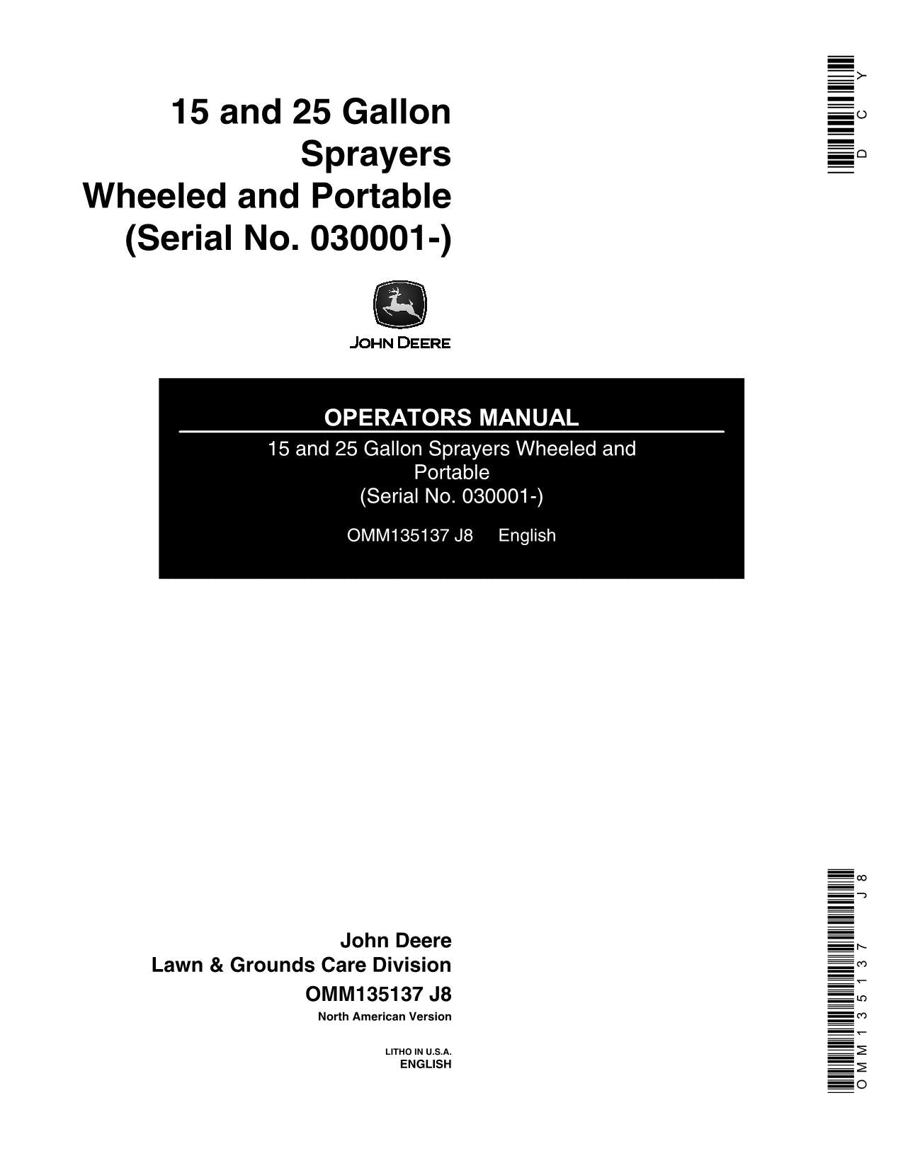 JOHN DEERE 15 25 GALLON SPRAYER OPERATORS MANUAL