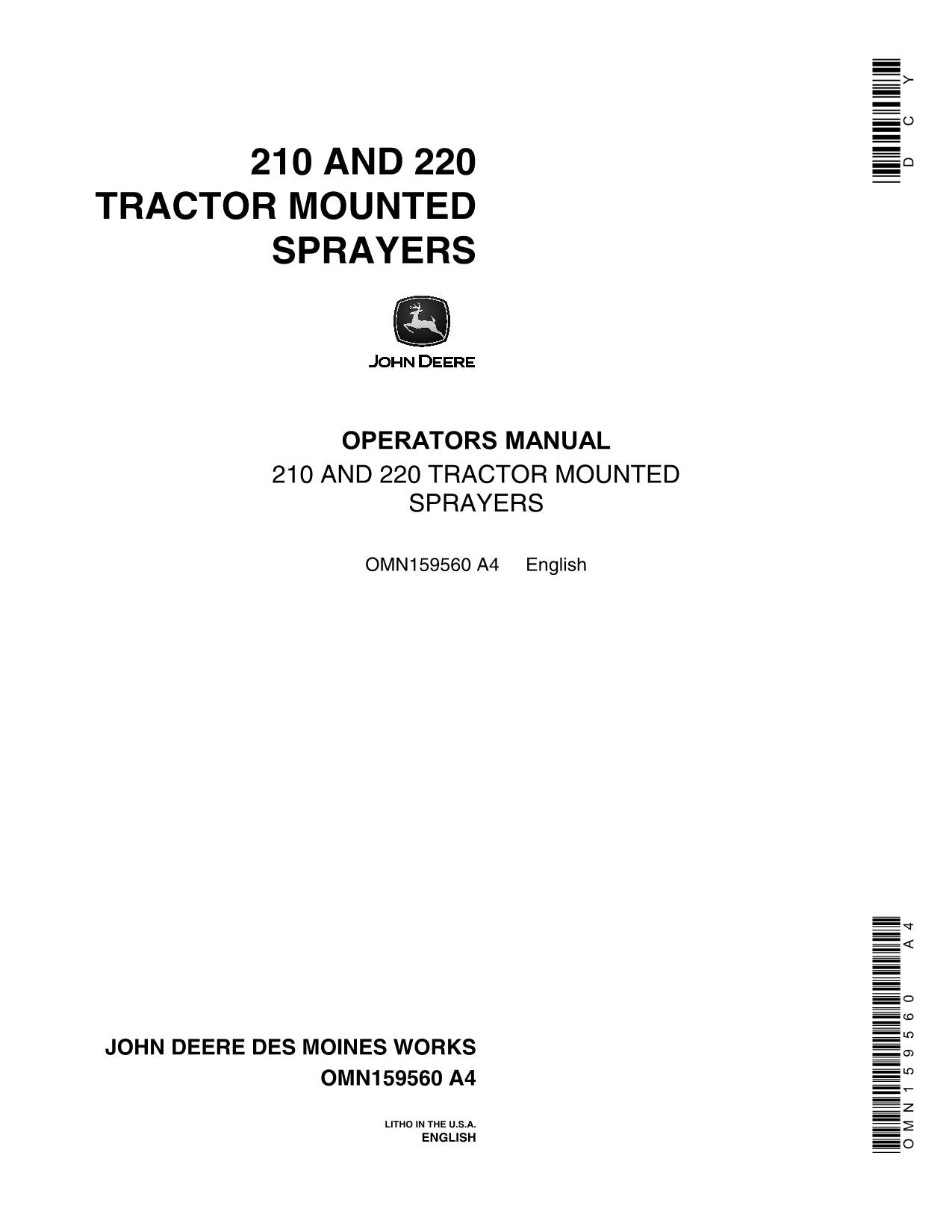 JOHN DEERE 210 220 3010 4010 2640 2940 2040 3020 2520 SPRAYER OPERATORS MANUAL