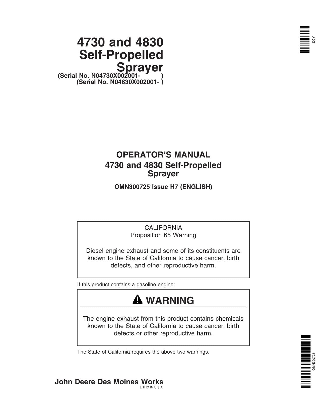 JOHN DEERE 4730  4830 SPRAYER OPERATORS MANUAL #1