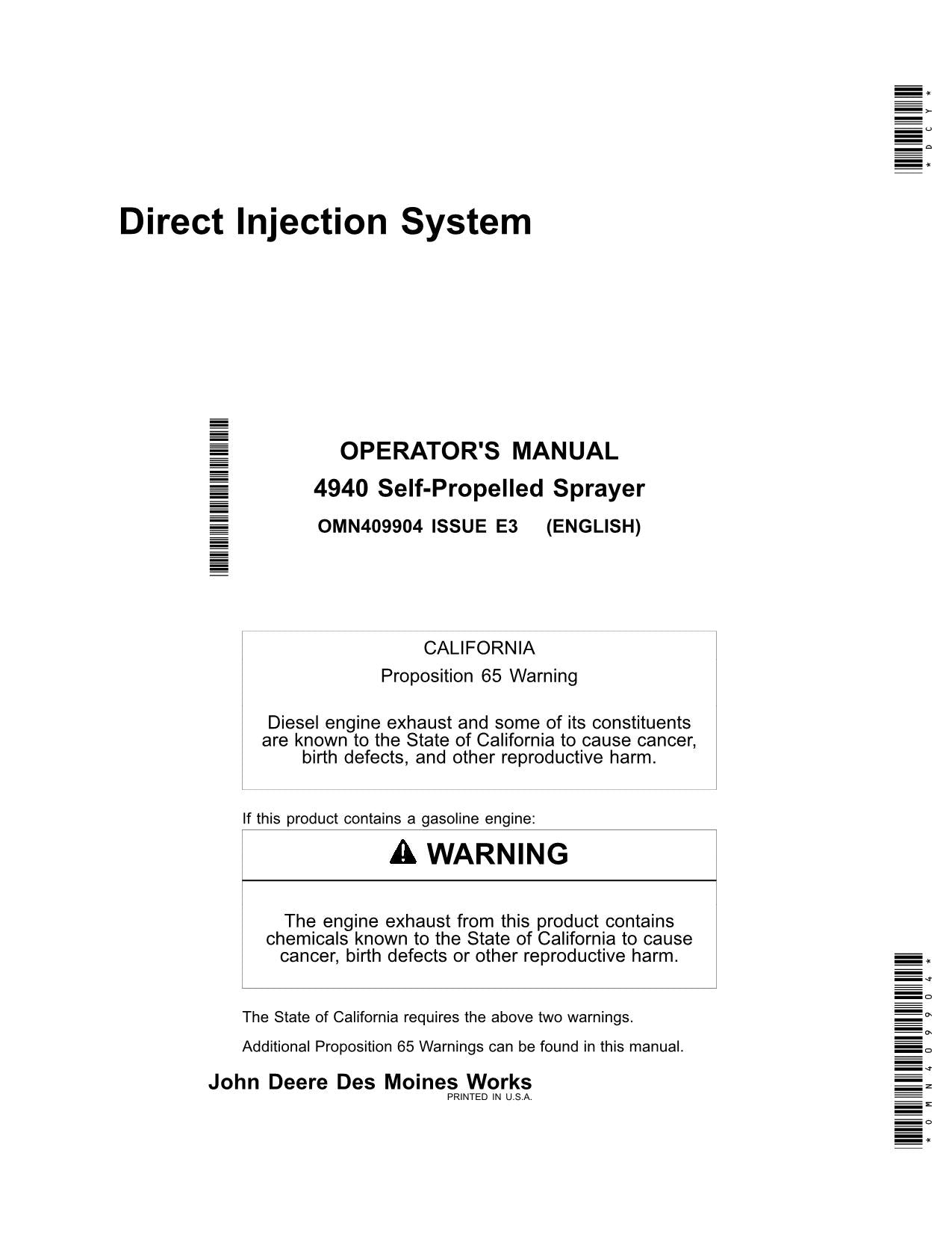 JOHN DEERE 4940 SPRAYER OPERATORS MANUAL MY2012-