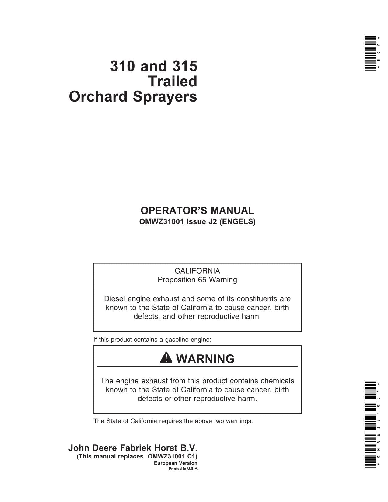 JOHN DEERE 310  315 SPRAYER OPERATORS MANUAL