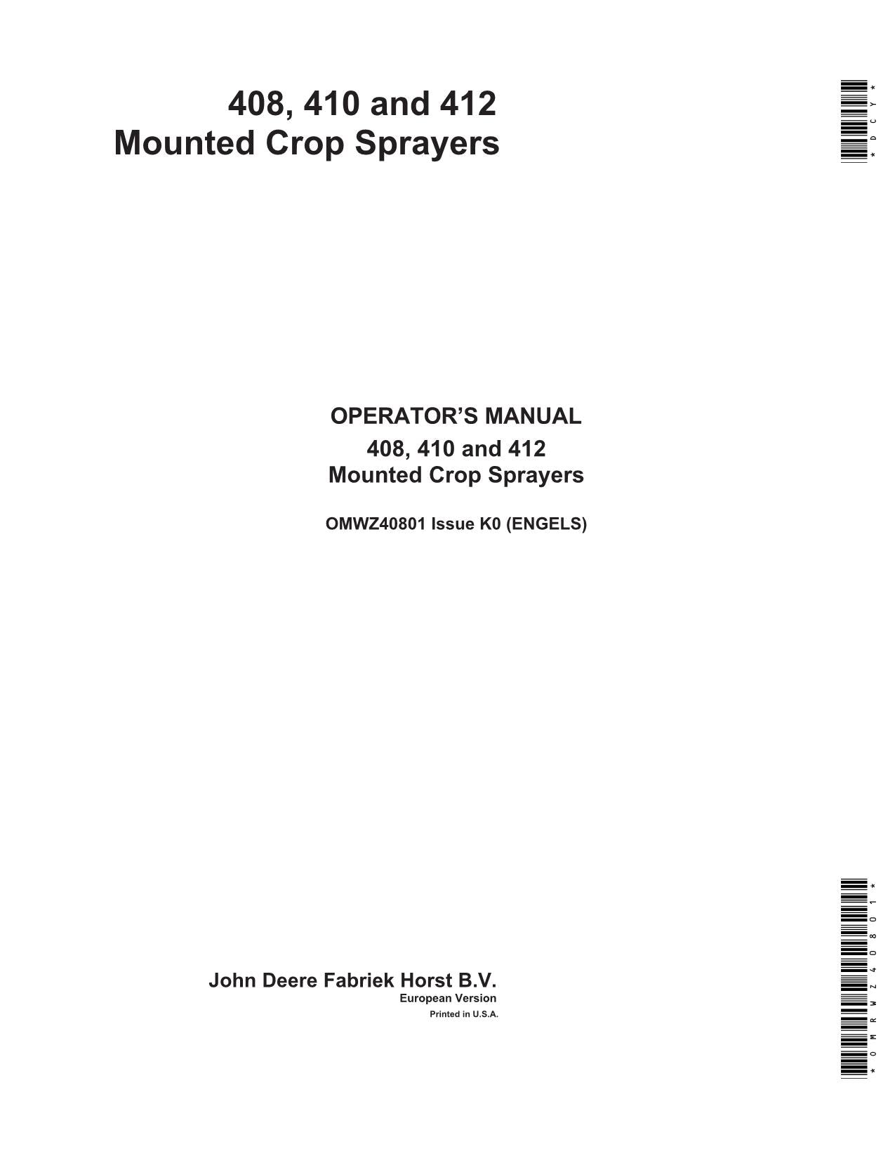 JOHN DEERE 408  410  412 SPRAYER OPERATORS MANUAL