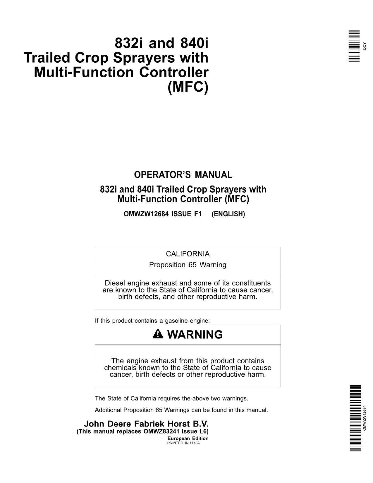 JOHN DEERE 832i  840i SPRAYER OPERATORS MANUAL #2