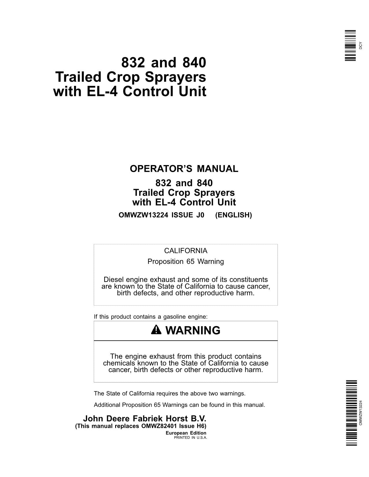 JOHN DEERE 832  840 SPRAYER OPERATORS MANUAL