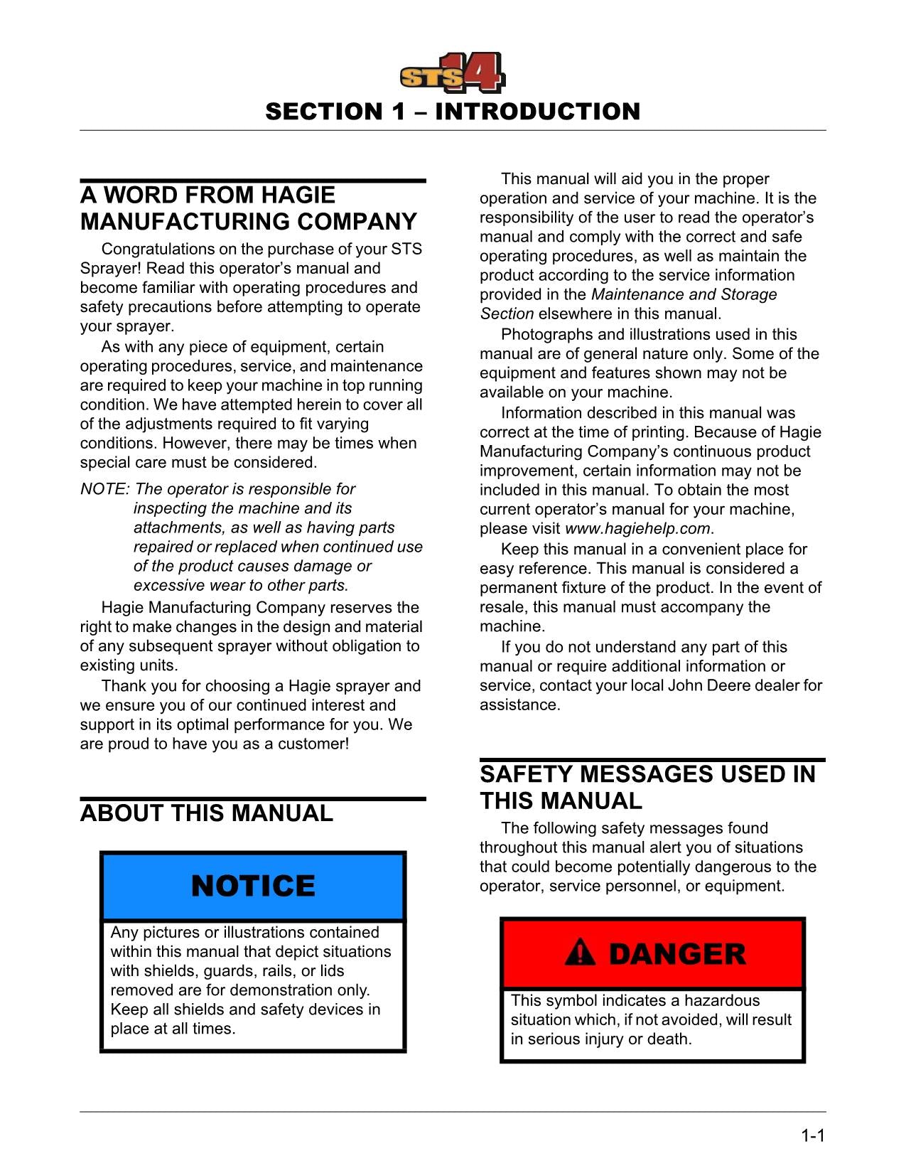 JOHN DEERE STS14 SPRAYER OPERATORS MANUAL