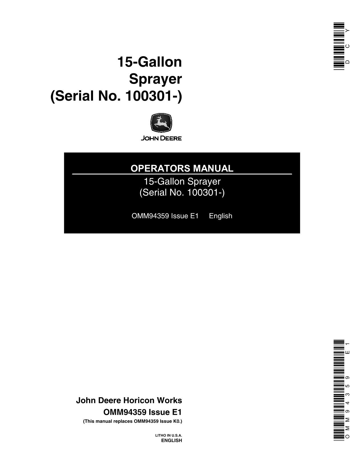 JOHN DEERE 15 GALLON 210 110 112 120 140 240 260 265 SPRAYER OPERATORS MANUAL